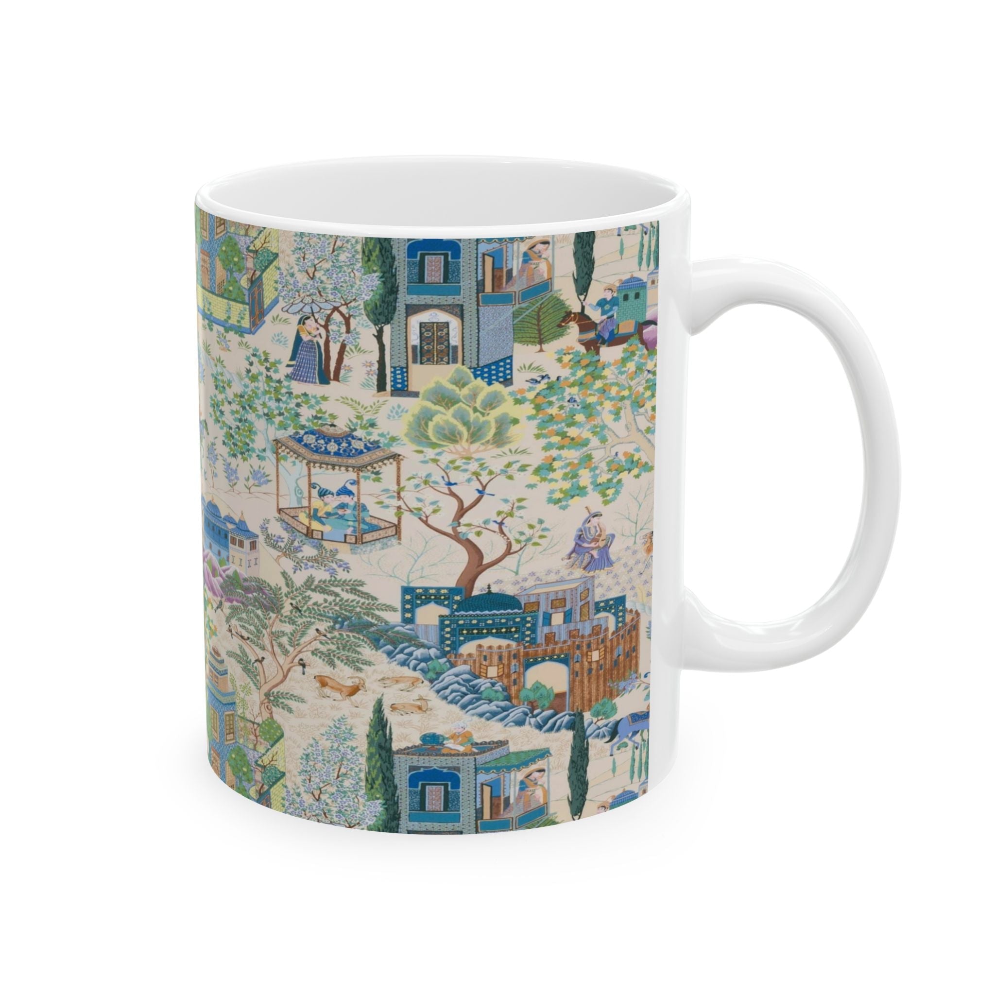 Kate McEnroe New York Toile De Jouy Mug, Blue and Green Floral Coffee Mug, Traditional Asian Country Scene with Horses, Rustic Chic Botanical DrinkwareMugs28184967832090854839