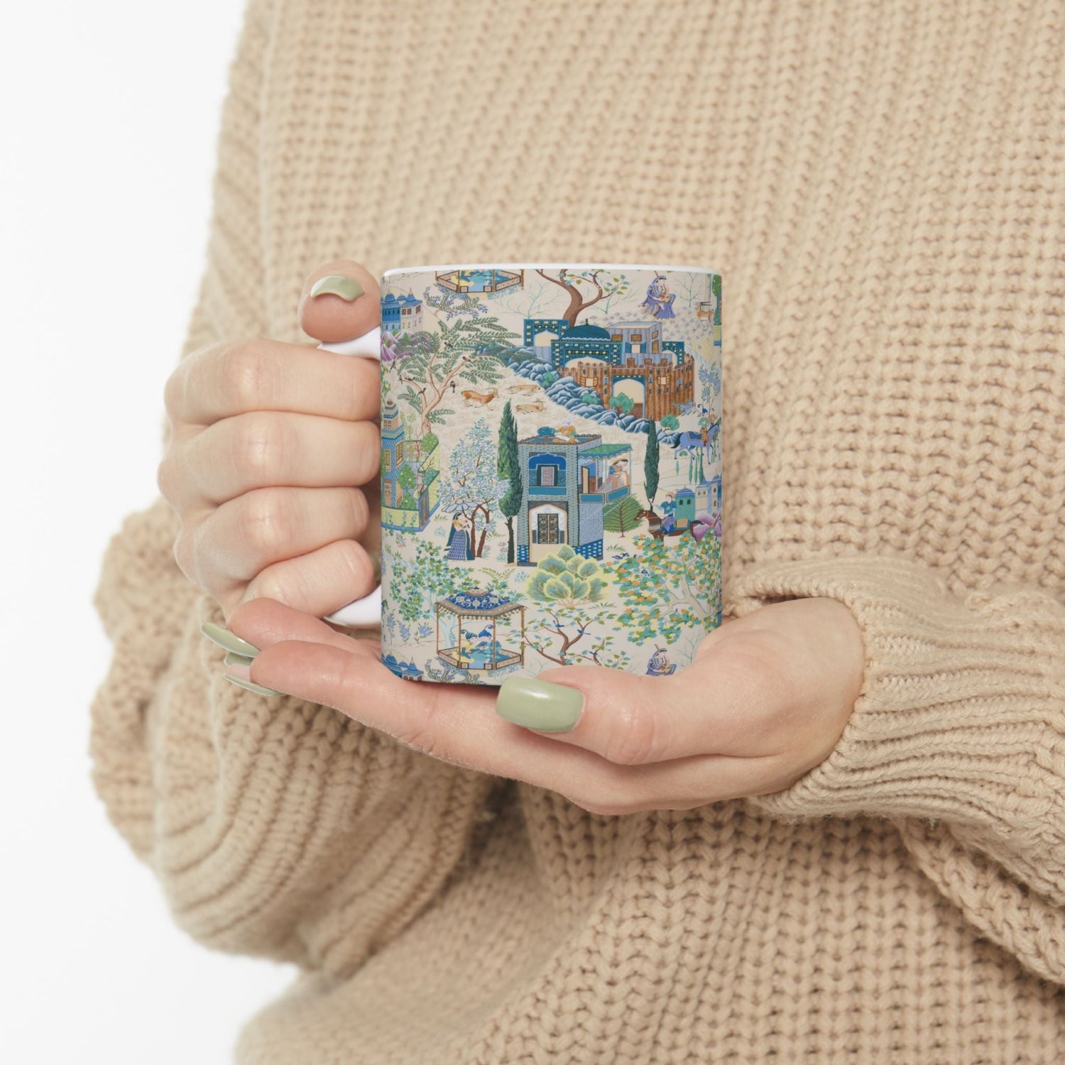Kate McEnroe New York Toile De Jouy Mug, Blue and Green Floral Coffee Mug, Traditional Asian Country Scene with Horses, Rustic Chic Botanical DrinkwareMugs28184967832090854839