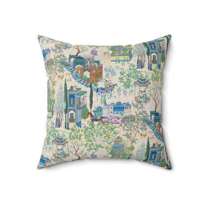 Kate McEnroe New York Toile De Jouy Throw Pillow with Insert, Vintage Blue, Green Floral Print, Asian Country Scene, Characters on Horseback, Rustic Chic Decor Throw Pillows
