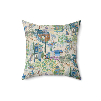 Kate McEnroe New York Toile De Jouy Throw Pillow with Insert, Vintage Blue, Green Floral Print, Asian Country Scene, Characters on Horseback, Rustic Chic Decor Throw Pillows