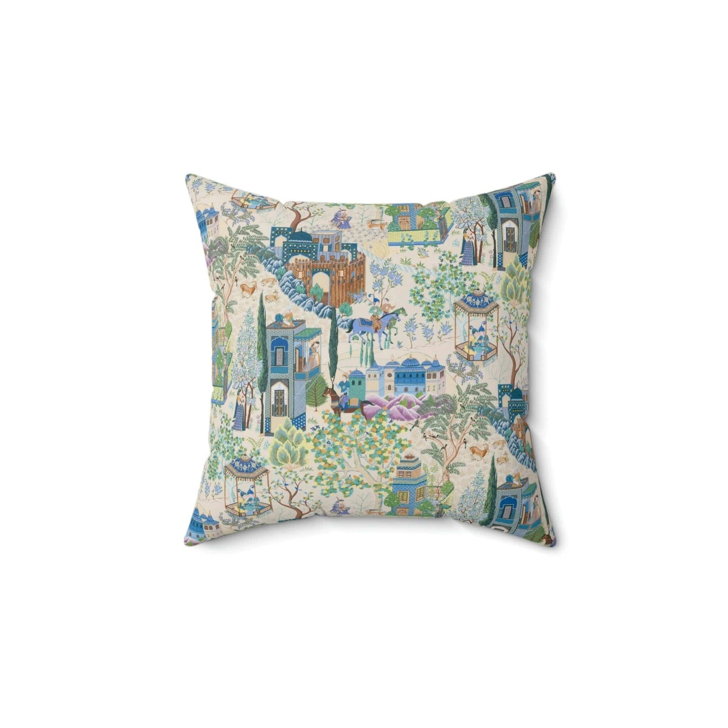 Kate McEnroe New York Toile De Jouy Throw Pillow with Insert, Vintage Blue, Green Floral Print, Asian Country Scene, Characters on Horseback, Rustic Chic DecorThrow Pillows30655169871428479428