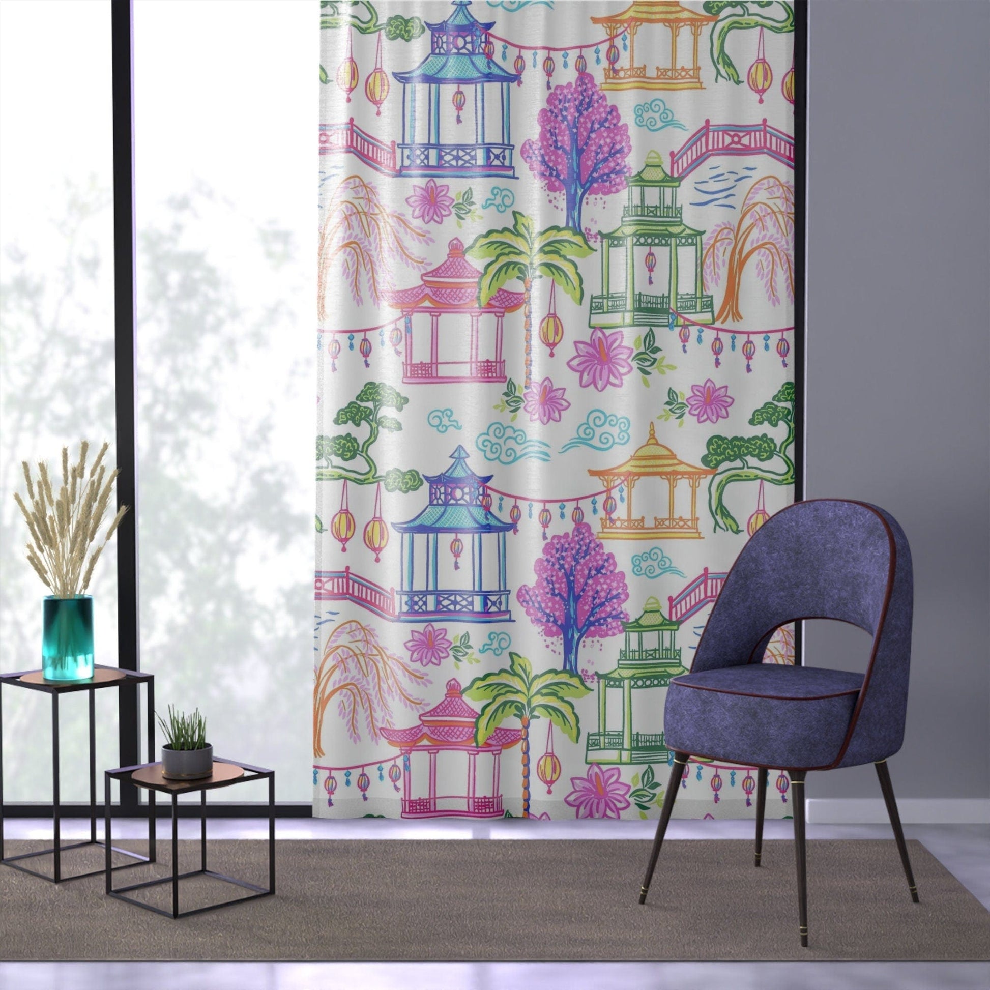 Kate McEnroe New York Tropical Chinoiserie Pagoda Garden Curtains in Blue, Pink, Green, Yellow by Kate McEnroe - KM13859923 Window Curtains