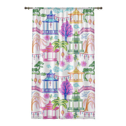 Kate McEnroe New York Tropical Chinoiserie Pagoda Garden Curtains in Blue, Pink, Green, Yellow by Kate McEnroe - KM13859923 Window Curtains