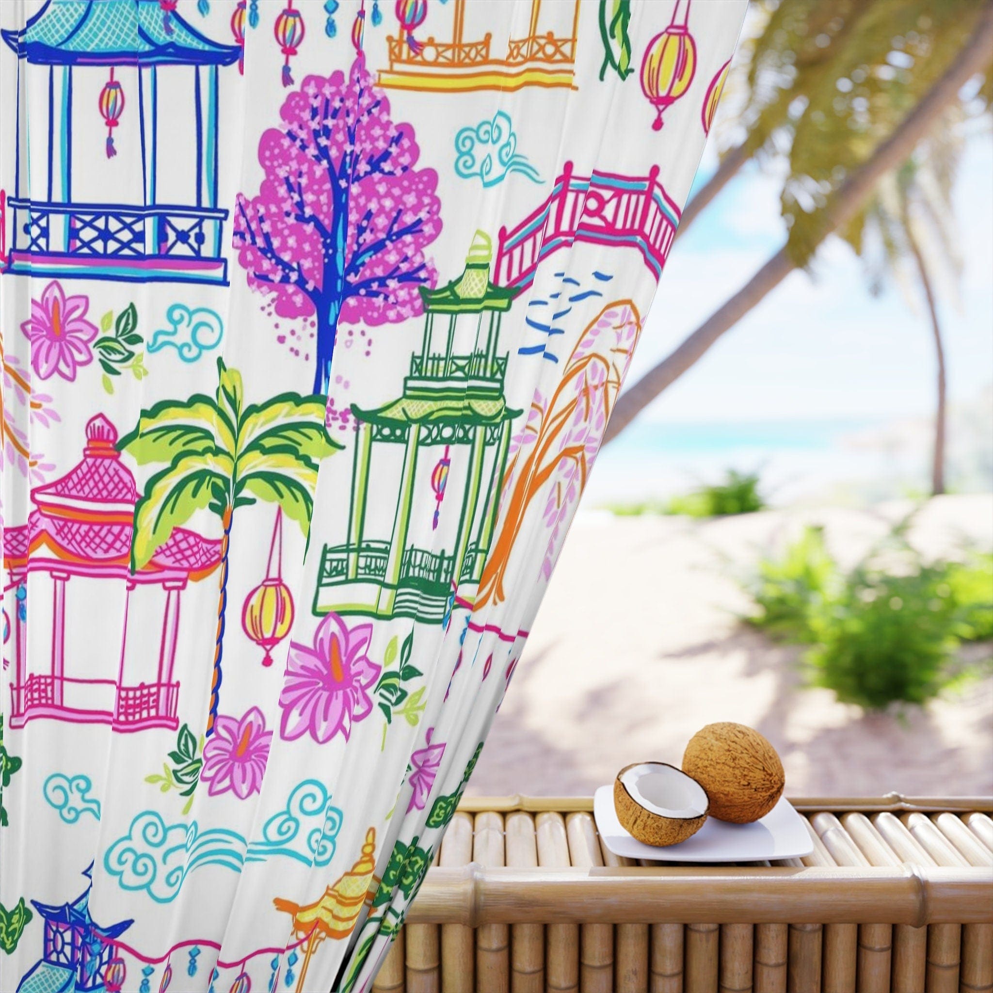 Kate McEnroe New York Tropical Chinoiserie Pagoda Garden Curtains in Blue, Pink, Green, Yellow by Kate McEnroe - KM13859923Window CurtainsW3S - CHI - MON - SH1