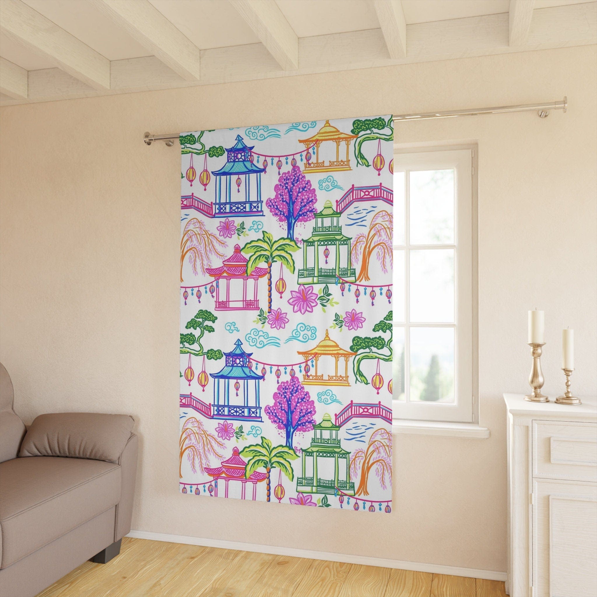 Kate McEnroe New York Tropical Chinoiserie Pagoda Garden Curtains in Blue, Pink, Green, Yellow by Kate McEnroe - KM13859923Window CurtainsW3S - CHI - MON - SH1