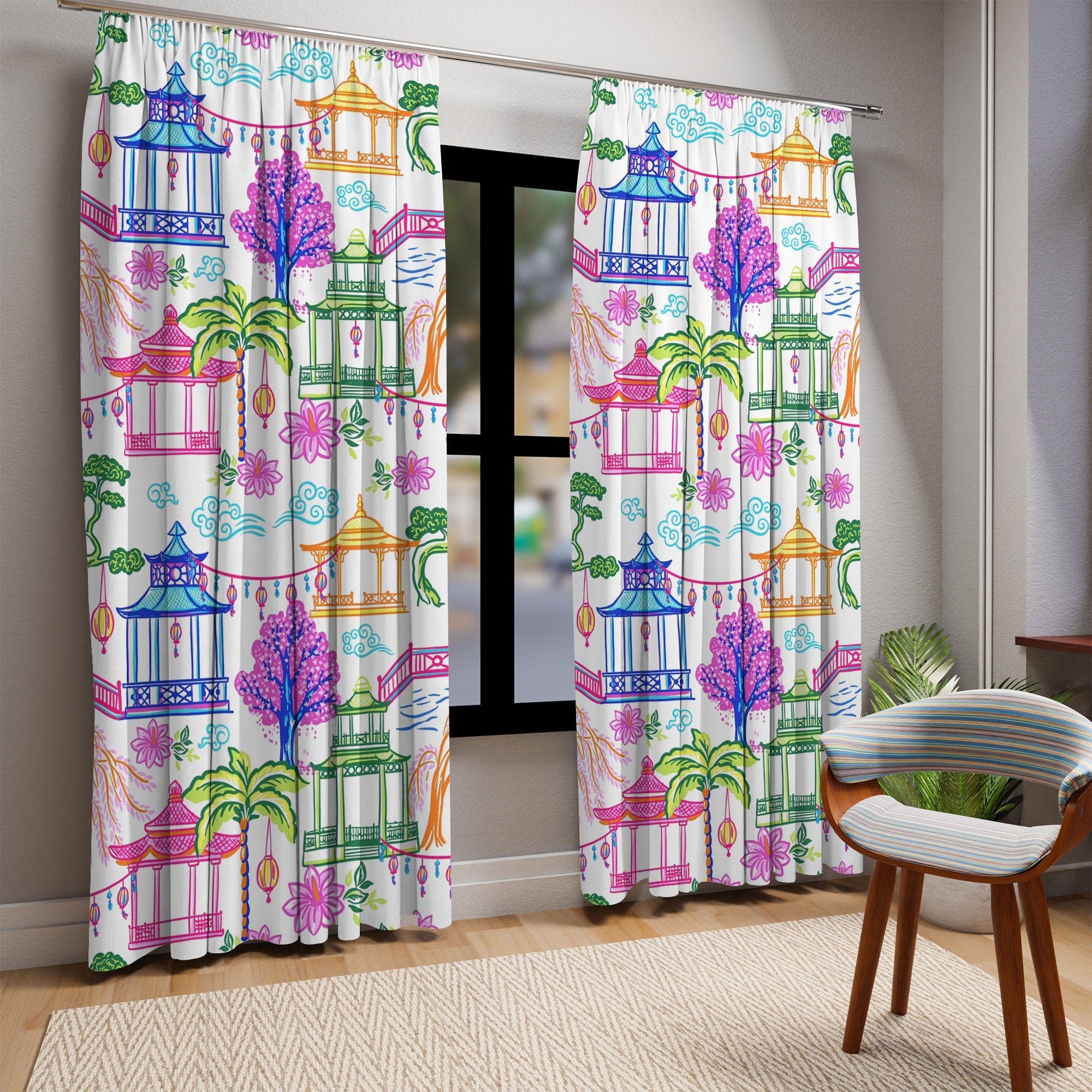 Kate McEnroe New York Tropical Chinoiserie Pagoda Garden Curtains in Blue, Pink, Green, Yellow by Kate McEnroe - KM13859923Window CurtainsW3S - CHI - MON - SH1