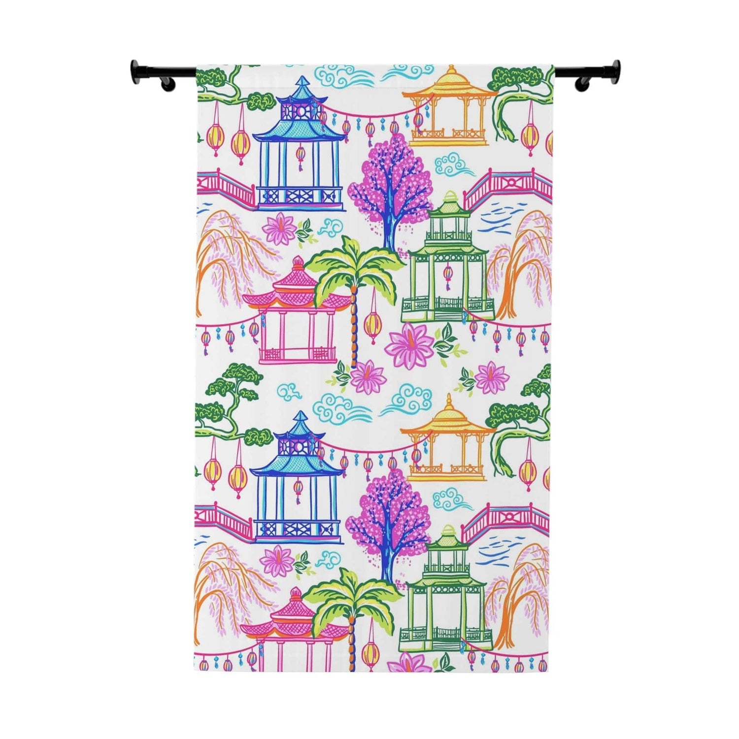 Kate McEnroe New York Tropical Chinoiserie Pagoda Garden Curtains in Blue, Pink, Green, Yellow by Kate McEnroe - KM13859923Window CurtainsW3S - CHI - MON - SH1