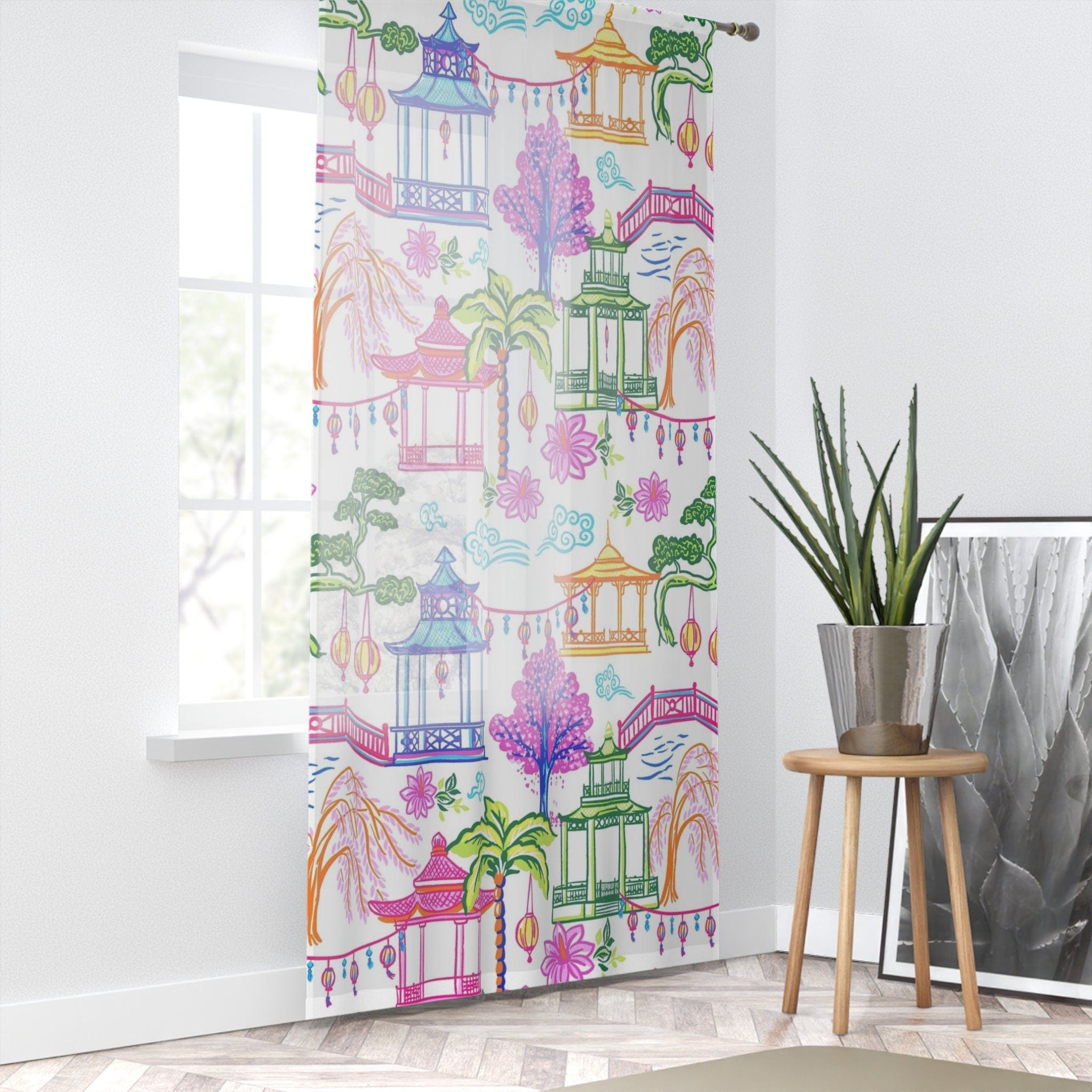 Kate McEnroe New York Tropical Chinoiserie Pagoda Garden Curtains in Blue, Pink, Green, Yellow by Kate McEnroe - KM13859923Window CurtainsW3S - CHI - MON - SH1