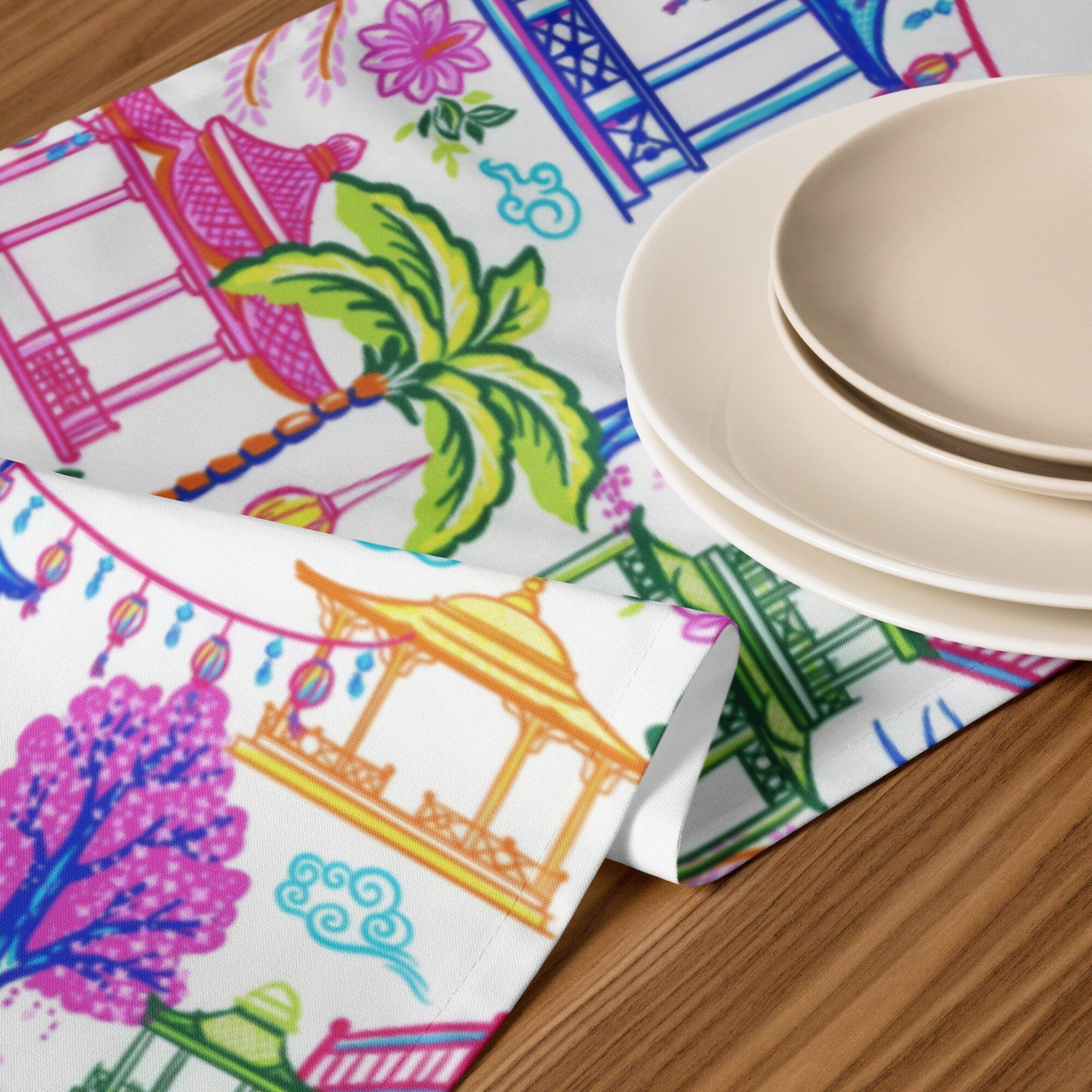 Kate McEnroe New York Tropical Chinoiserie Pagoda Table Runner Blue Pink Green Yellow Dining DecorTable Runners55495971077729346665