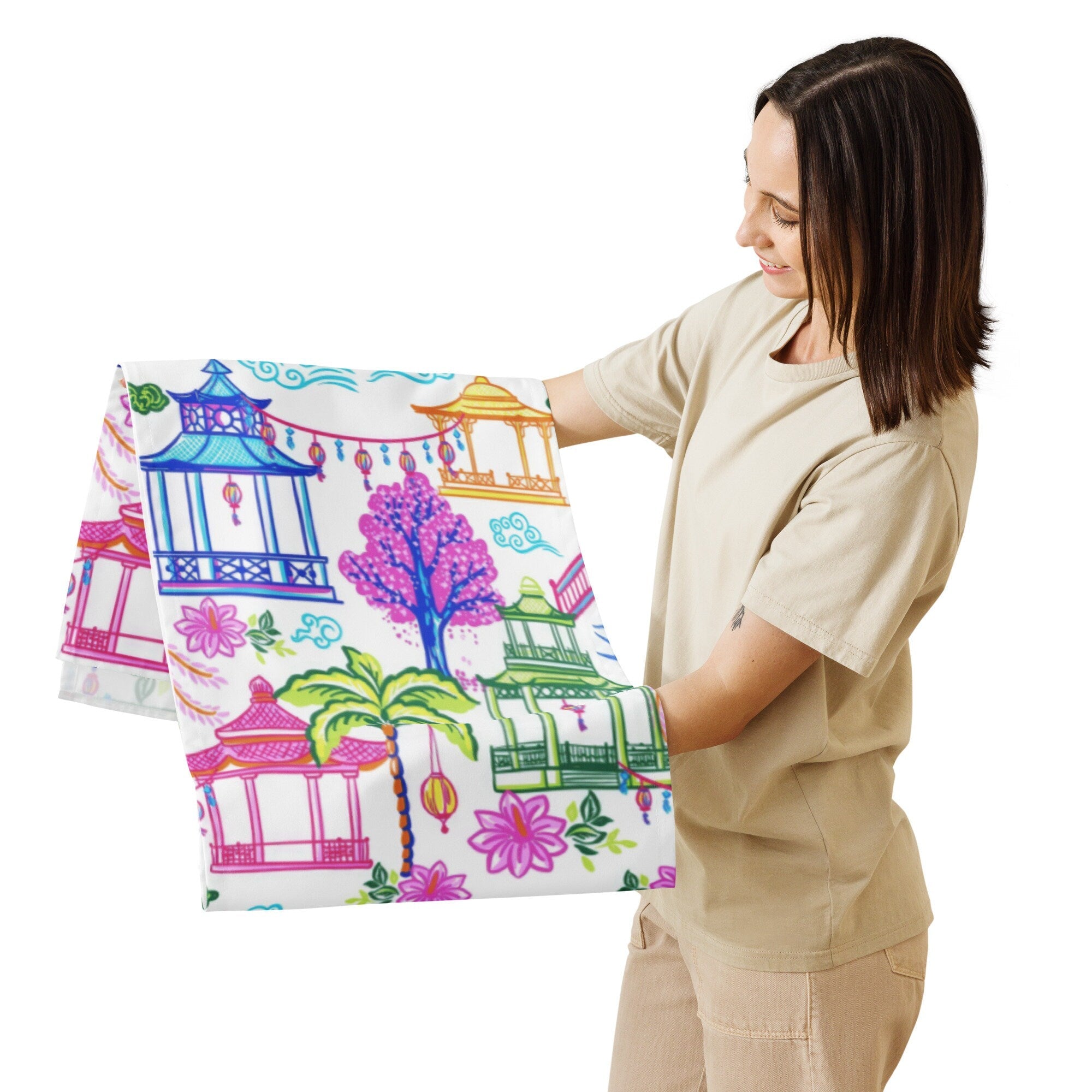 Kate McEnroe New York Tropical Chinoiserie Pagoda Table Runner Blue Pink Green Yellow Dining DecorTable Runners55495971077729346665