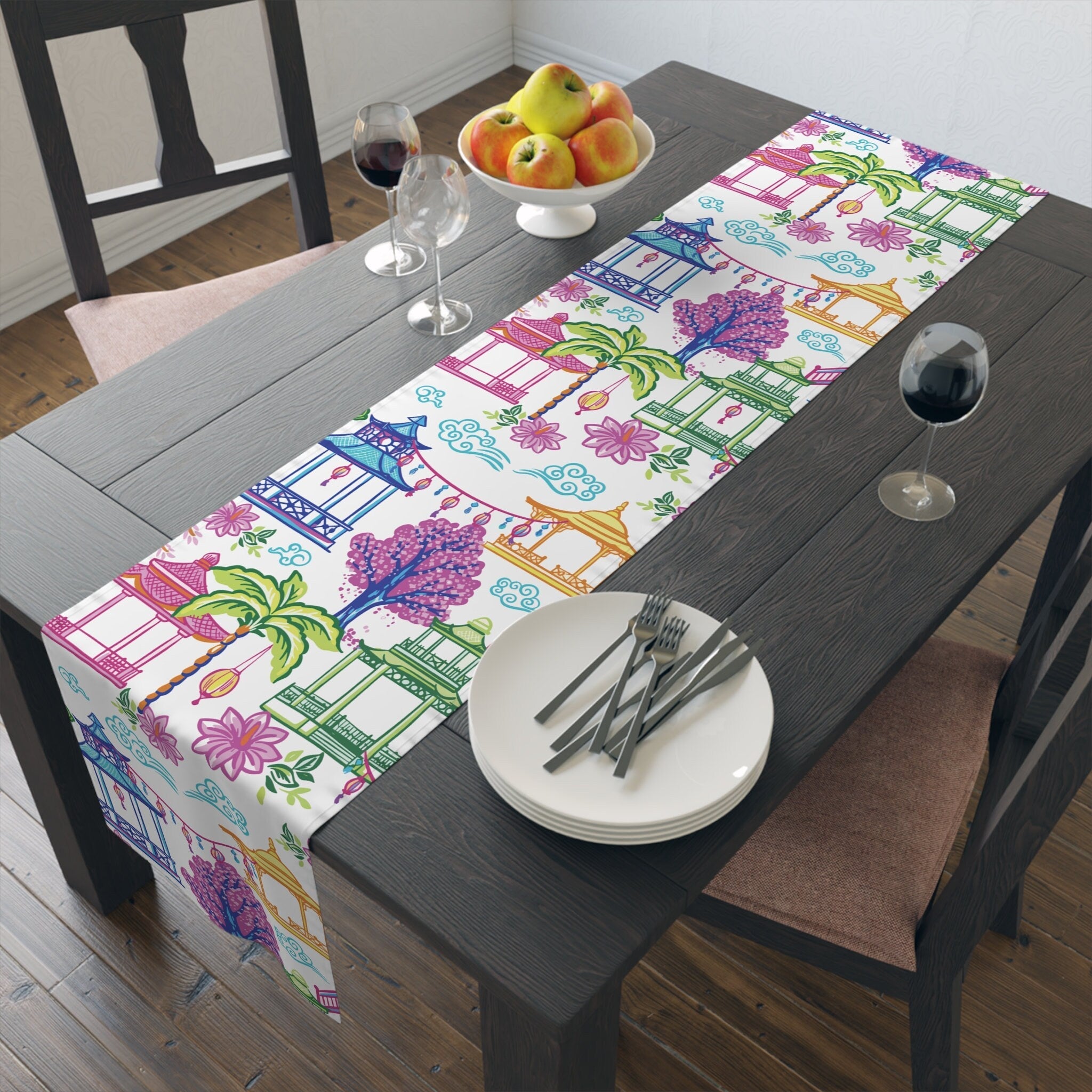 Kate McEnroe New York Tropical Chinoiserie Pagoda Table Runner Blue Pink Green Yellow Dining DecorTable Runners55495971077729346665