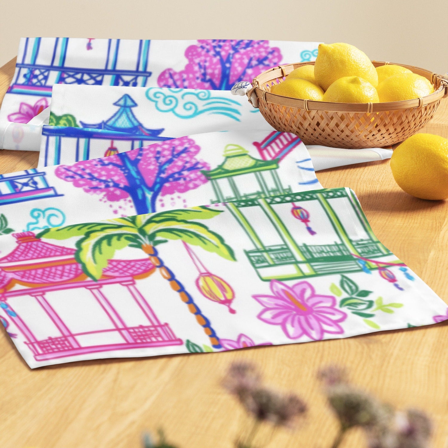 Kate McEnroe New York Tropical Chinoiserie Pagoda Table Runner Blue Pink Green Yellow Dining DecorTable Runners55495971077729346665