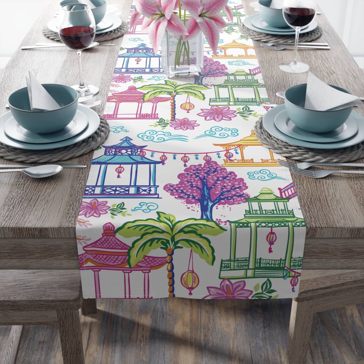 Kate McEnroe New York Tropical Chinoiserie Pagoda Table Runner Blue Pink Green Yellow Dining DecorTable Runners55495971077729346665