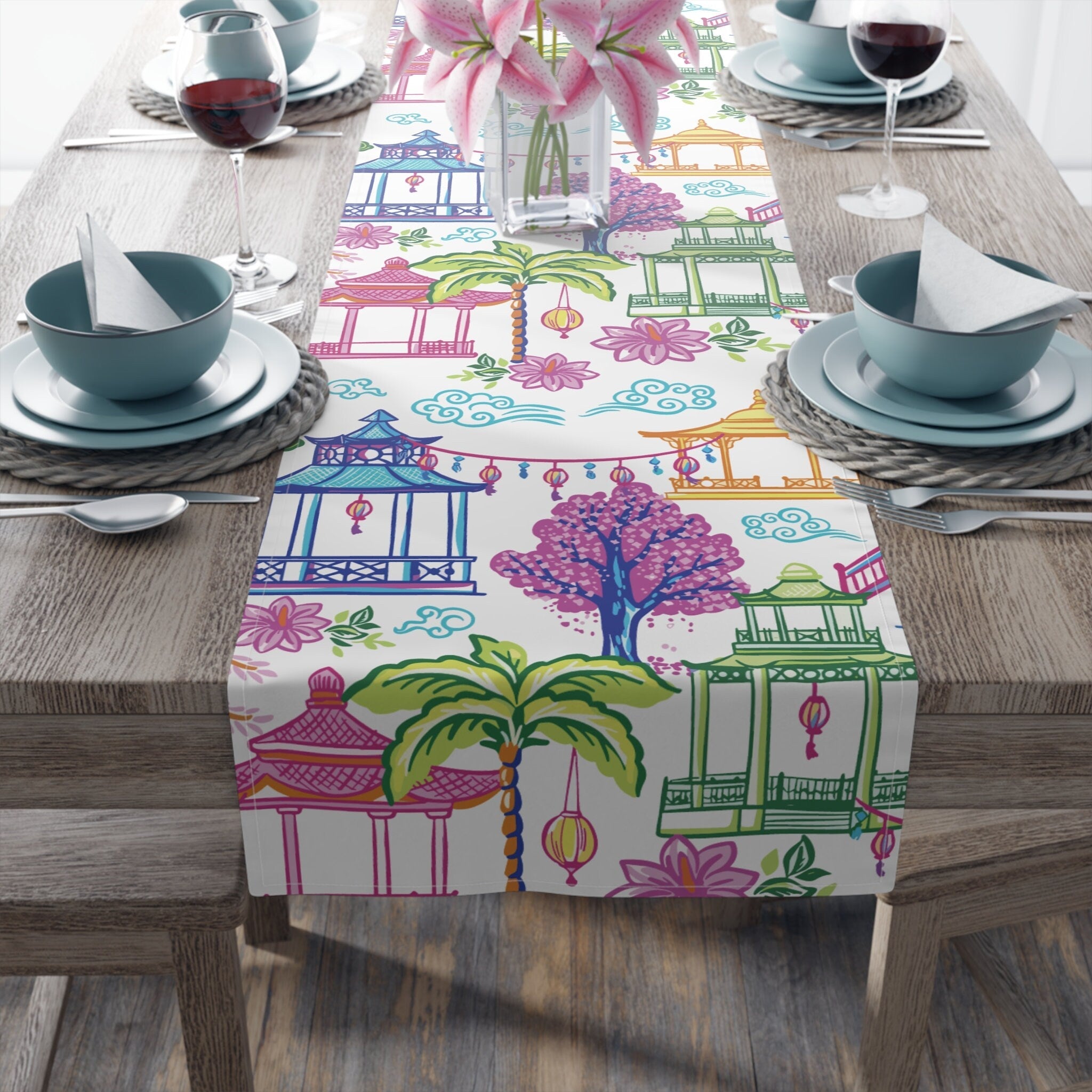 Kate McEnroe New York Tropical Chinoiserie Pagoda Table Runner Blue Pink Green Yellow Dining DecorTable Runners55495971077729346665