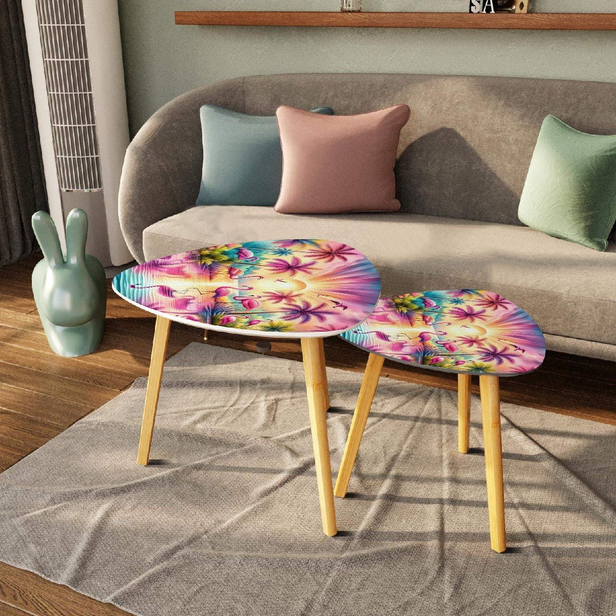 Kate McEnroe New York Tropical Flamingo Sunset Nesting Tables, Retro Coastal Living Room Accent, Mid Mod Beachy Coffee Table SetNesting TablesjmjNDZn6AD