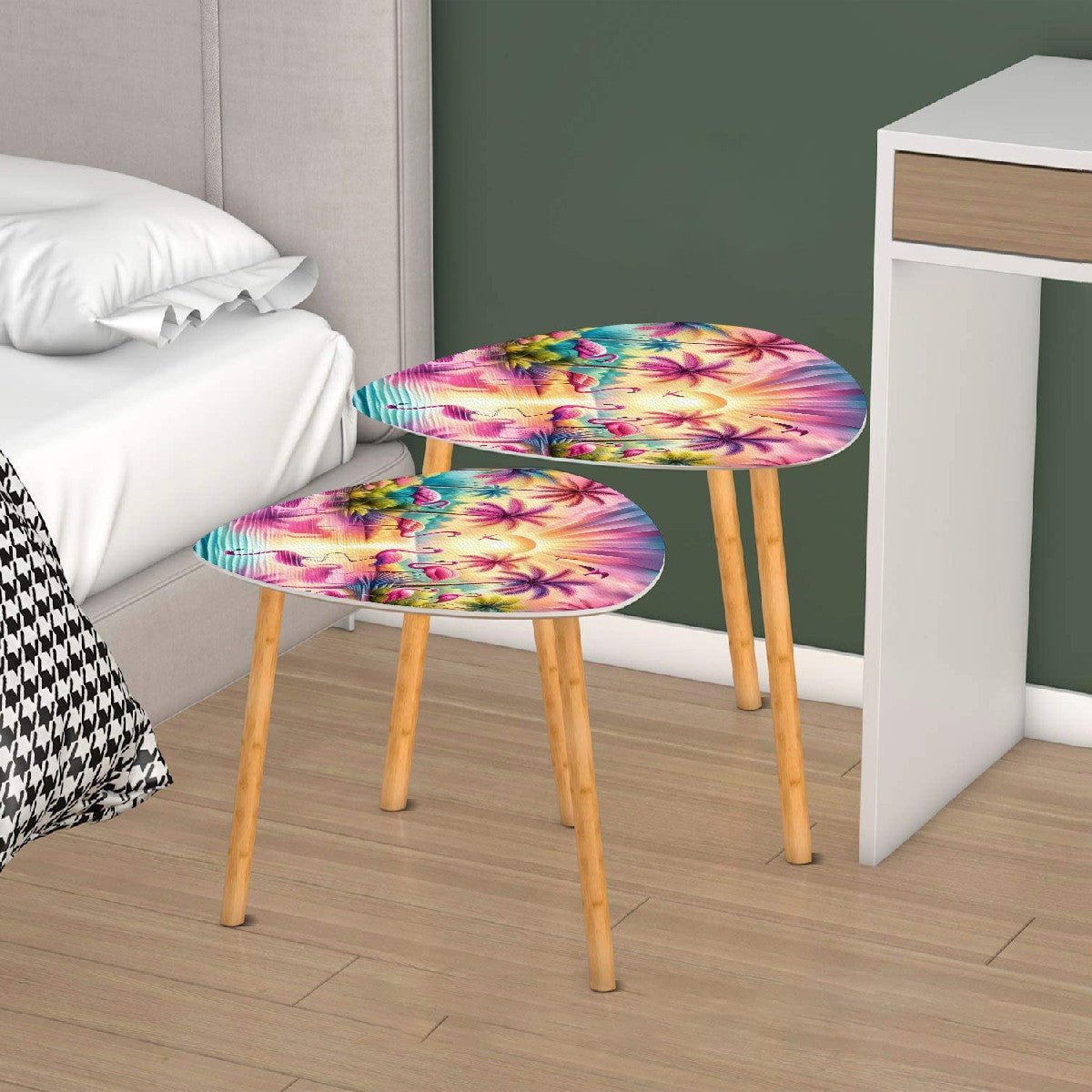 Kate McEnroe New York Tropical Flamingo Sunset Nesting Tables, Retro Coastal Living Room Accent, Mid Mod Beachy Coffee Table SetNesting TablesjmjNDZn6AD