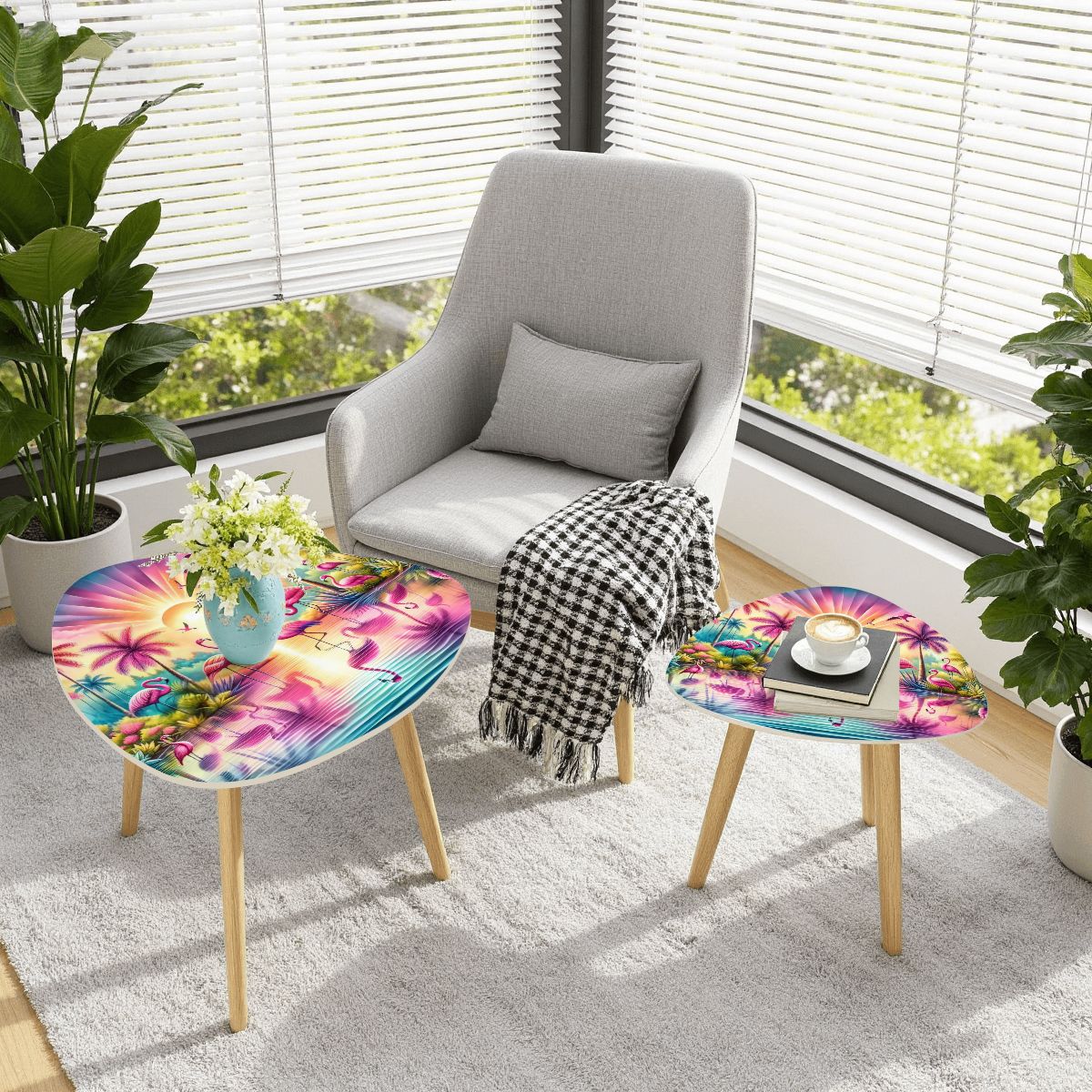 Kate McEnroe New York Tropical Flamingo Sunset Nesting Tables, Retro Coastal Living Room Accent, Mid Mod Beachy Coffee Table SetNesting TablesnxPLMqSOxXyNC