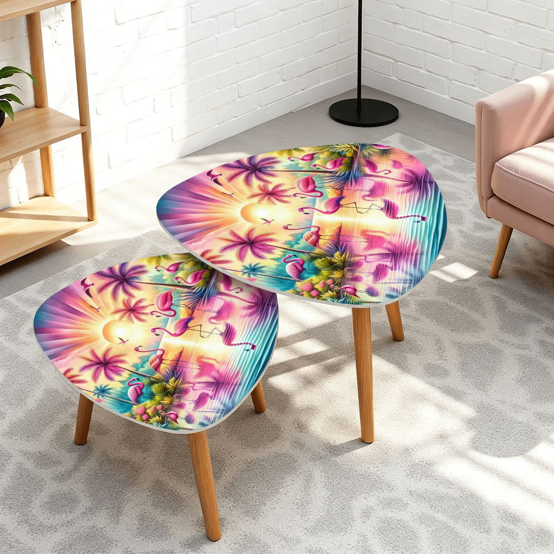 Kate McEnroe New York Tropical Flamingo Sunset Nesting Tables, Retro Coastal Living Room Accent, Mid Mod Beachy Coffee Table SetNesting TablesnxPLMqSOxXyNC