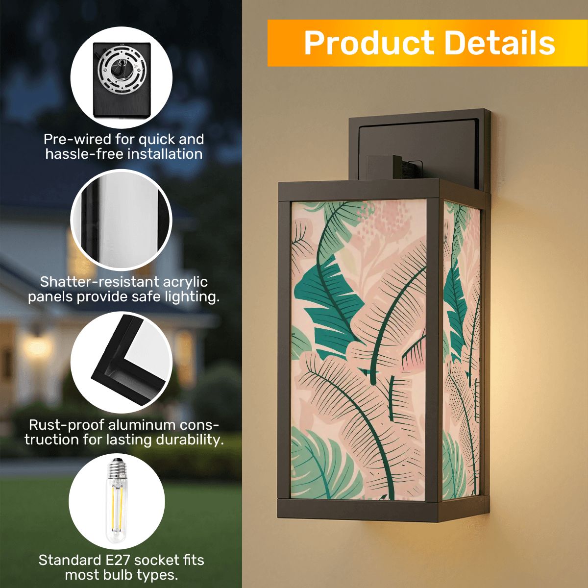 Kate McEnroe New York Tropical Palm Leaf Outdoor Wall Sconce, Pink and Teal Retro Porch Light, Mid Century Modern 50s Patio FixtureOutdoor Wall LightsCFQRaq40oa