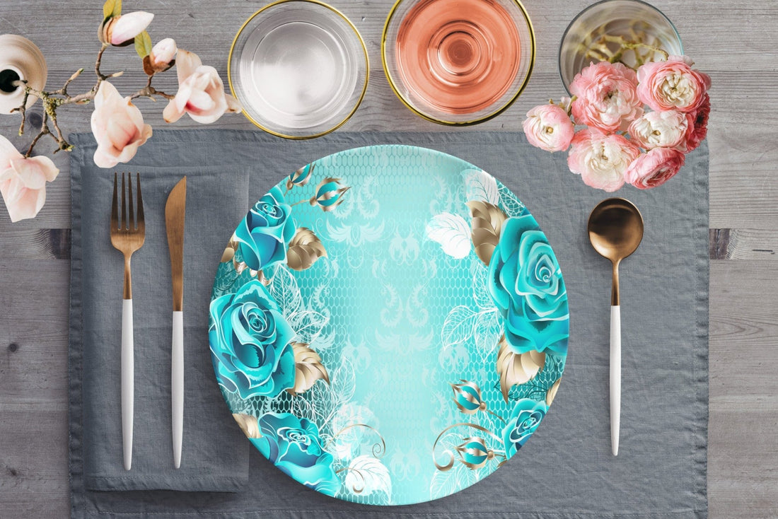 Kate McEnroe New York Turquoise Lacy Floral Dinner PlatesPlates9820SINGLE