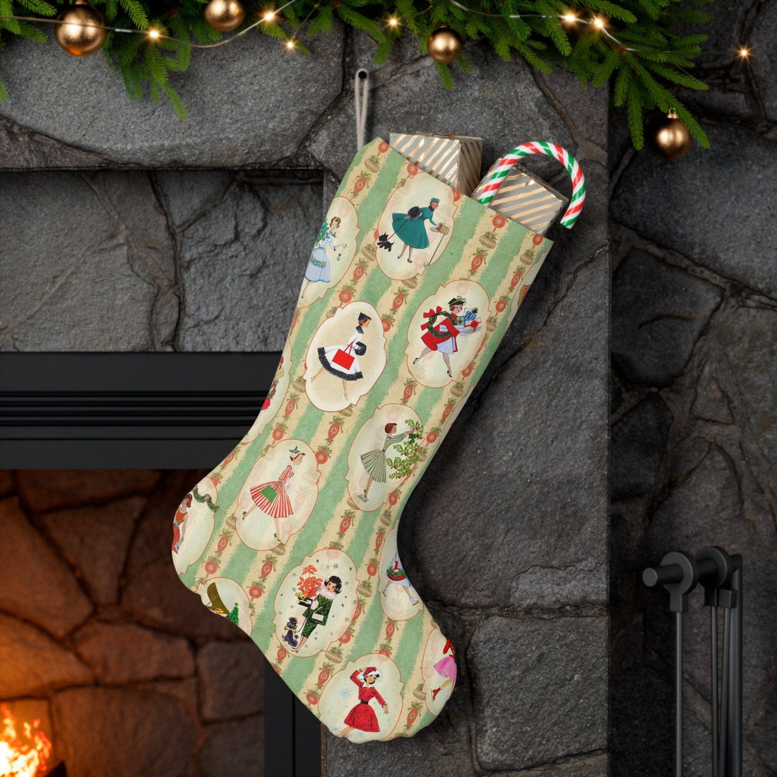 Kate McEnroe New York Vintage 1950s Christmas Stockings, Mid Century Modern Retro Green, Red, Women, Housewives in Christmas Setting Holiday Decor - KM13579723Holiday Stockings11012746711415640049