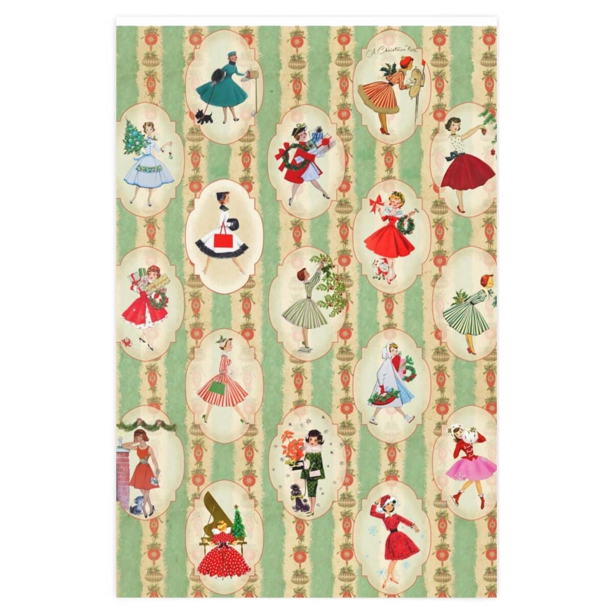 Kate McEnroe New York Vintage 1950s Christmas Wrapping Paper, Mid Century Modern Retro Green, Red, Women, Ladies, Housewives Holiday Gift Wrap Wrapping Paper