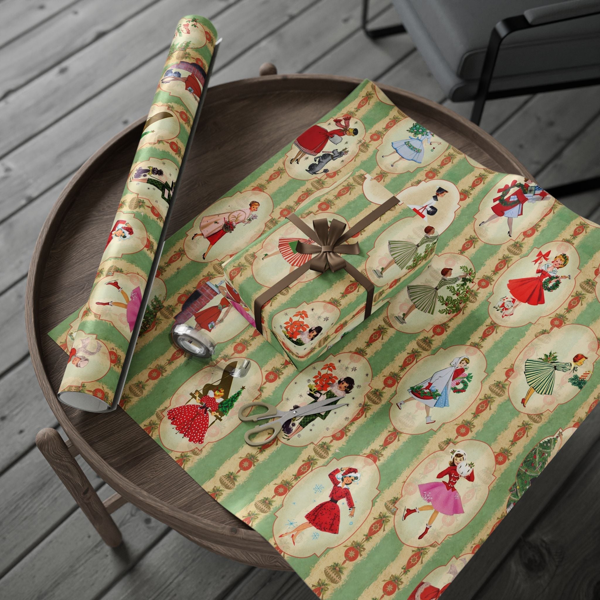 Kate McEnroe New York Vintage 1950s Christmas Wrapping Paper, Mid Century Modern Retro Green, Red, Women, Ladies, Housewives Holiday Gift WrapWrapping Paper24626131695276845642