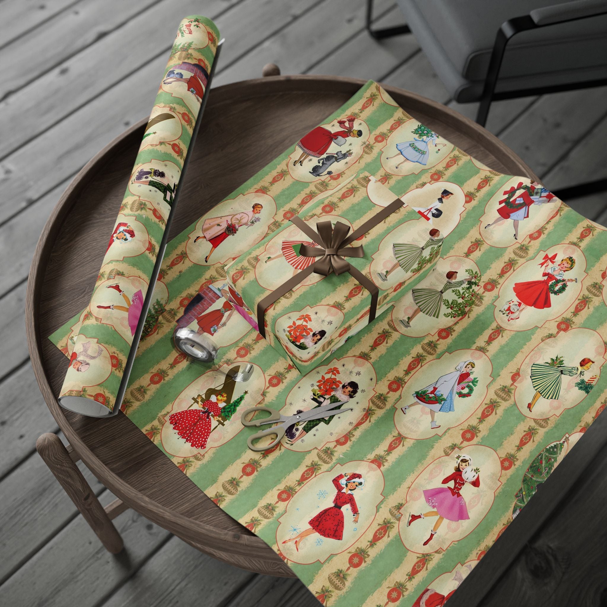 Kate McEnroe New York Vintage 1950s Christmas Wrapping Paper, Mid Century Modern Retro Green, Red, Women, Ladies, Housewives Holiday Gift WrapWrapping Paper24626131695276845642