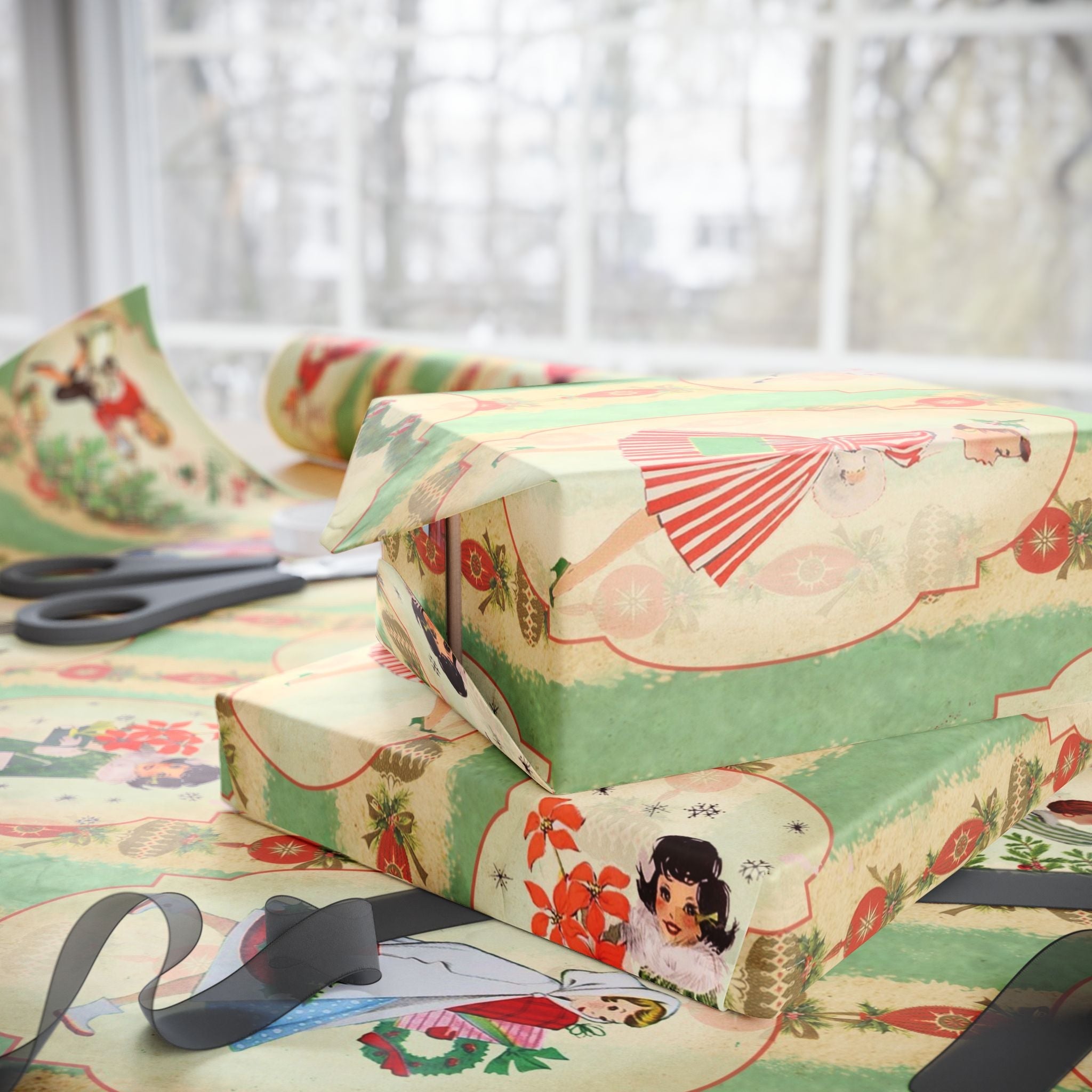 Kate McEnroe New York Vintage 1950s Christmas Wrapping Paper, Mid Century Modern Retro Green, Red, Women, Ladies, Housewives Holiday Gift WrapWrapping Paper24626131695276845642