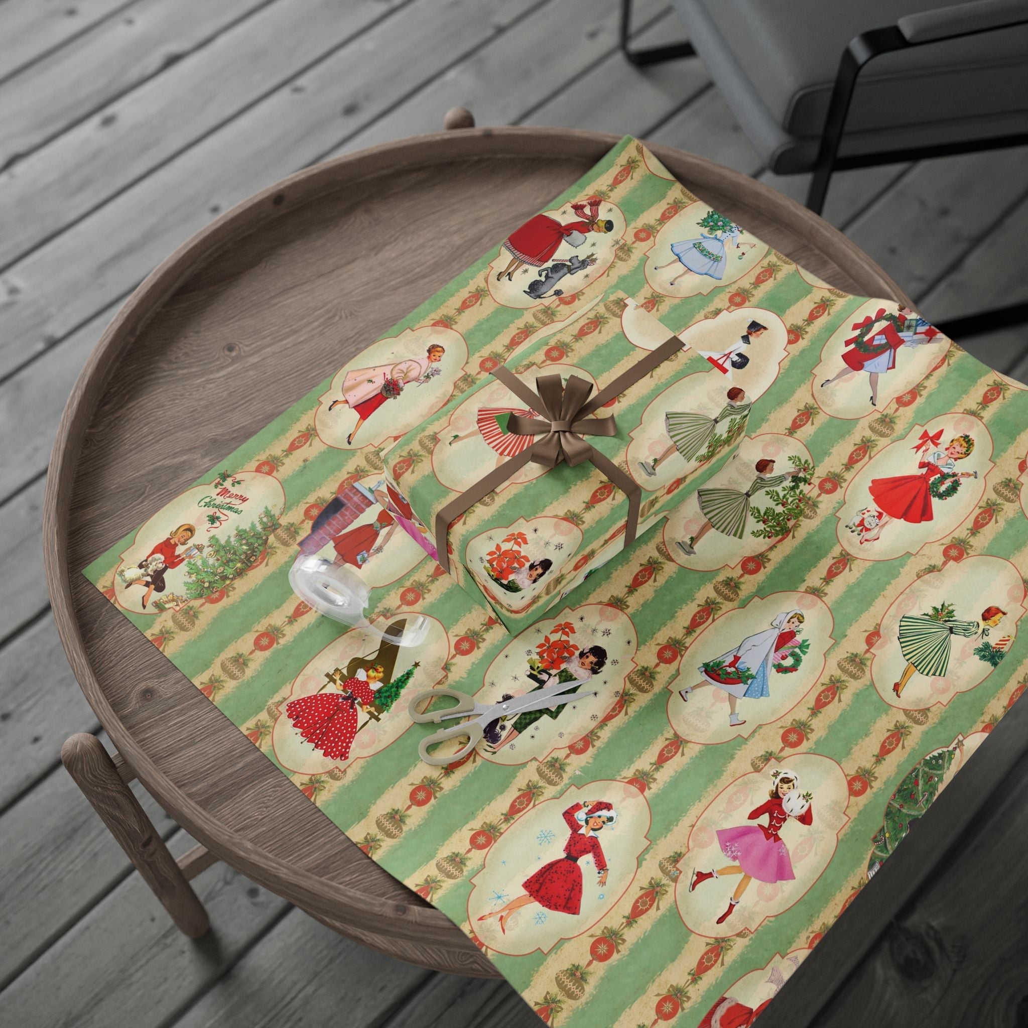 Kate McEnroe New York Vintage 1950s Christmas Wrapping Paper, Mid Century Modern Retro Green, Red, Women, Ladies, Housewives Holiday Gift WrapWrapping Paper24626131695276845642