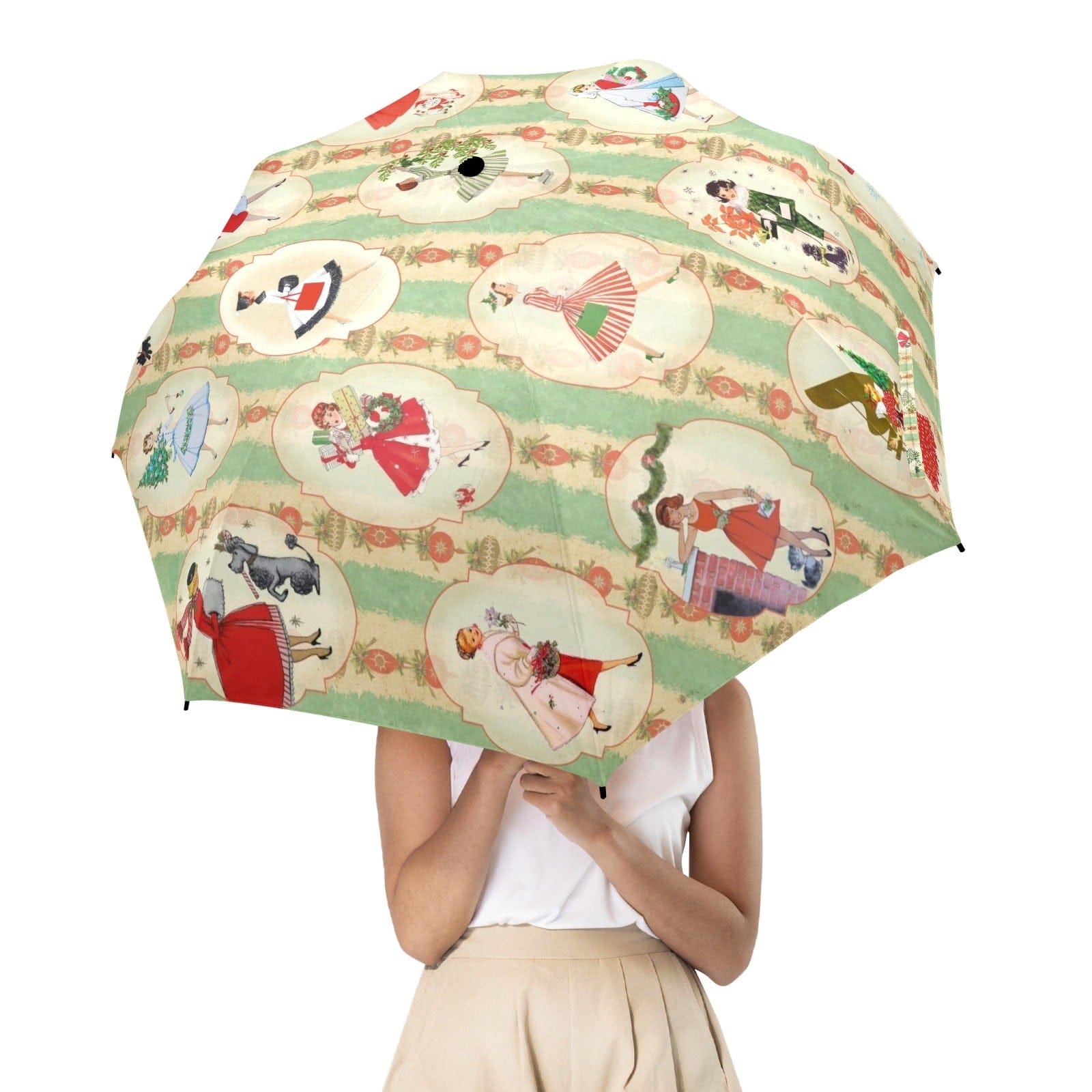 interestprint Vintage 1950s Housewives Christmas Semi-Automatic Foldable Umbrella Umbrellas One Size D2842158