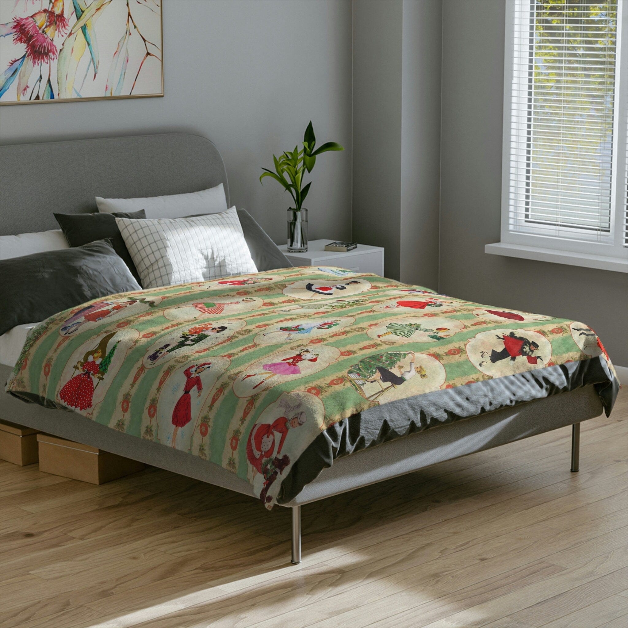 Kate McEnroe New York Vintage 1950s Mid Century Modern Retro Green, Red, Women, Ladies, Housewives Velveteen Minky Blanket, Vintage Women in Christmas SettingBlankets24421648893559513927