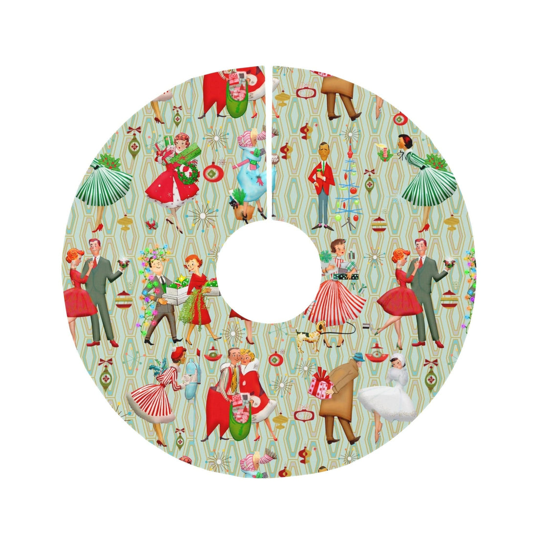 Kate McEnroe New York Vintage 1950s Retro Kitsch Christmas Tree Skirt, Vintage Housewives, Couples Xmas Card Inspired Art, MCM Holiday Decor 58449327375373928236