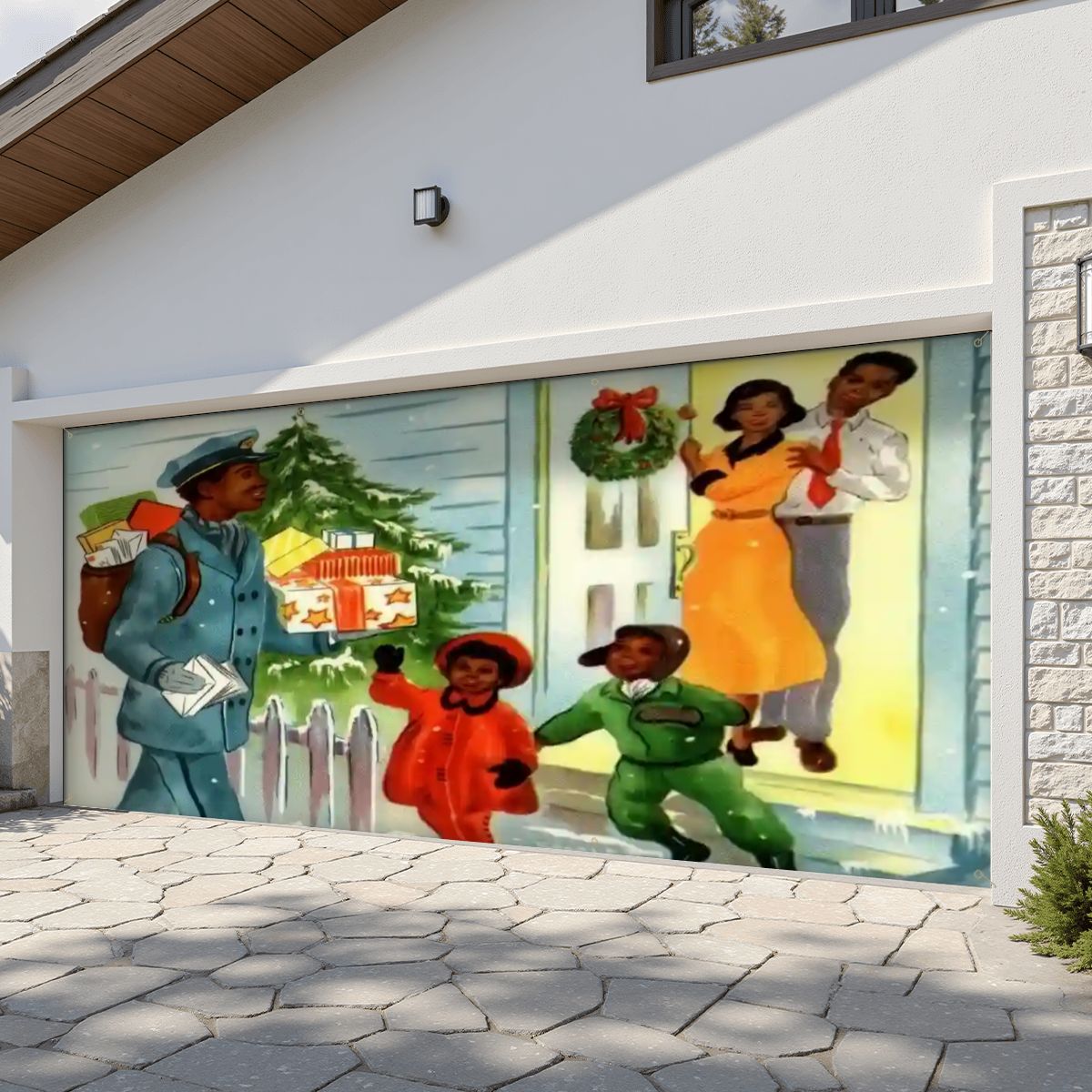 Vintage 50s African American Family Kitsch Christmas Garage Door