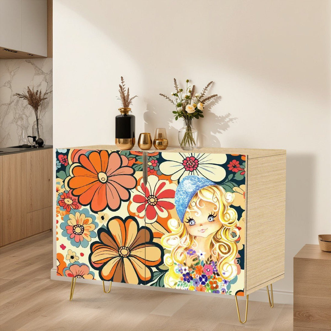 Kate McEnroe New York Vintage Big Eyed Girl Floral Cabinet, 70s Retro Kitsch Flower Power Storage CredenzaStorage CabinetspFQobDNz83