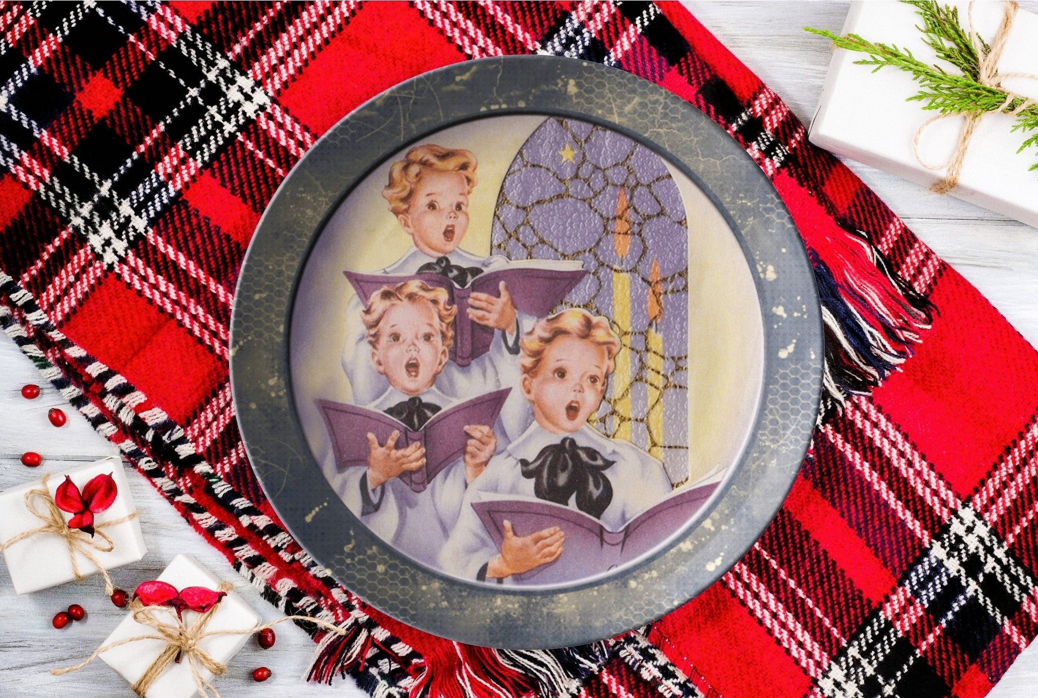 Kate McEnroe New York Vintage Blue Christmas Carolers Scene Dinner PlatePlates9820SINGLE