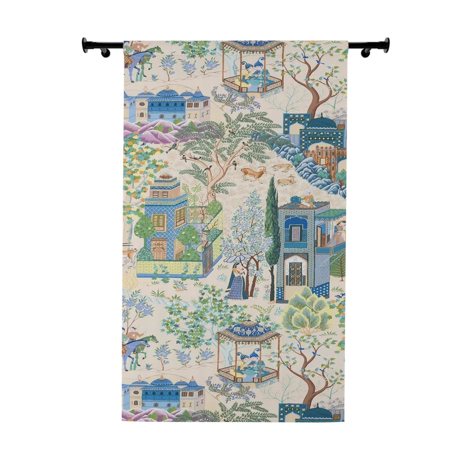 Vintage French Toile De Jouy Window Curtains, Blue, Green Floral Print, Traditional Asian Country Scene, Rustic Chic Window Coverings