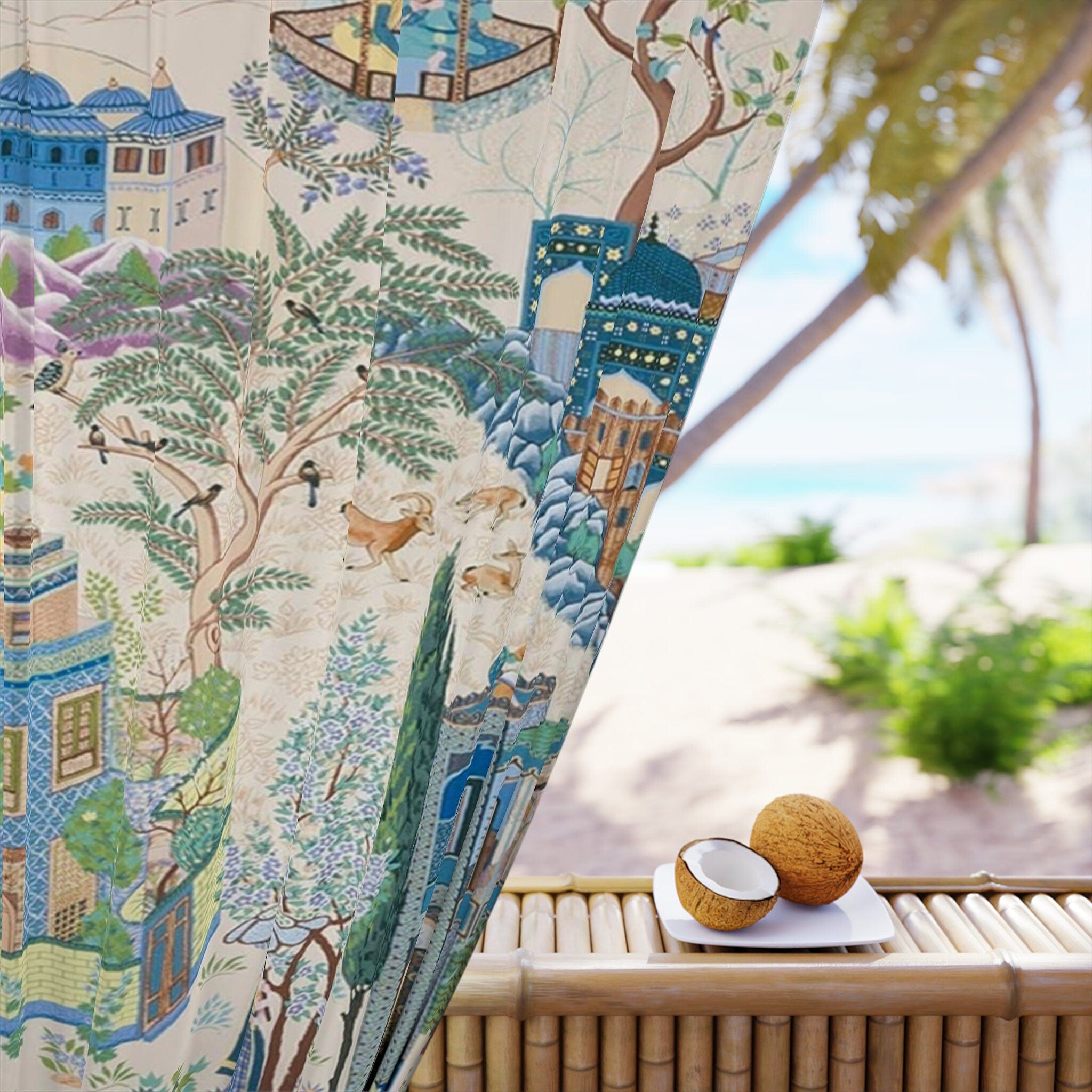 Kate McEnroe New York Vintage French Toile De Jouy Window Curtains, Blue, Green Floral Print, Traditional Asian Country Scene, Rustic Chic Window CoveringsWindow CurtainsW3D - FRE2 - CHI2 - SH2