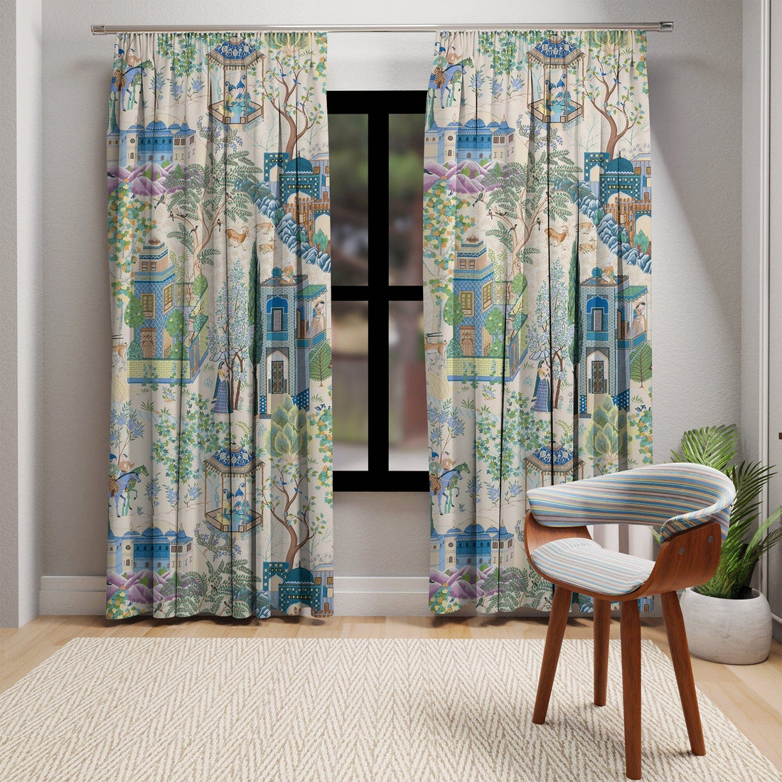 Kate McEnroe New York Vintage French Toile De Jouy Window Curtains, Blue, Green Floral Print, Traditional Asian Country Scene, Rustic Chic Window CoveringsWindow CurtainsW3D - FRE2 - CHI2 - SH2
