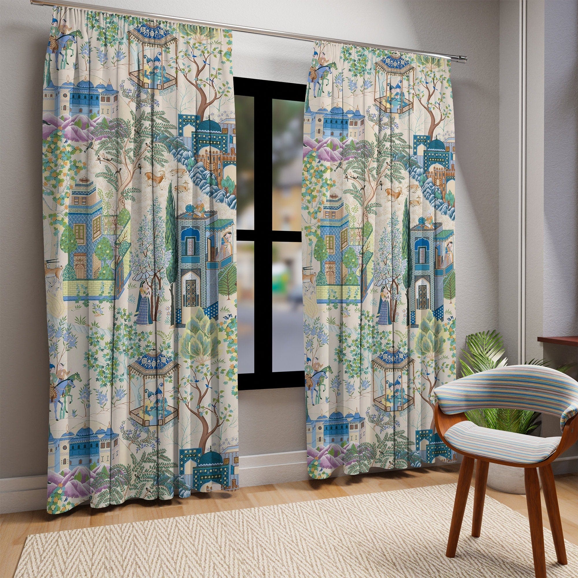 Kate McEnroe New York Vintage French Toile De Jouy Window Curtains, Blue, Green Floral Print, Traditional Asian Country Scene, Rustic Chic Window CoveringsWindow CurtainsW3D - FRE2 - CHI2 - SH2