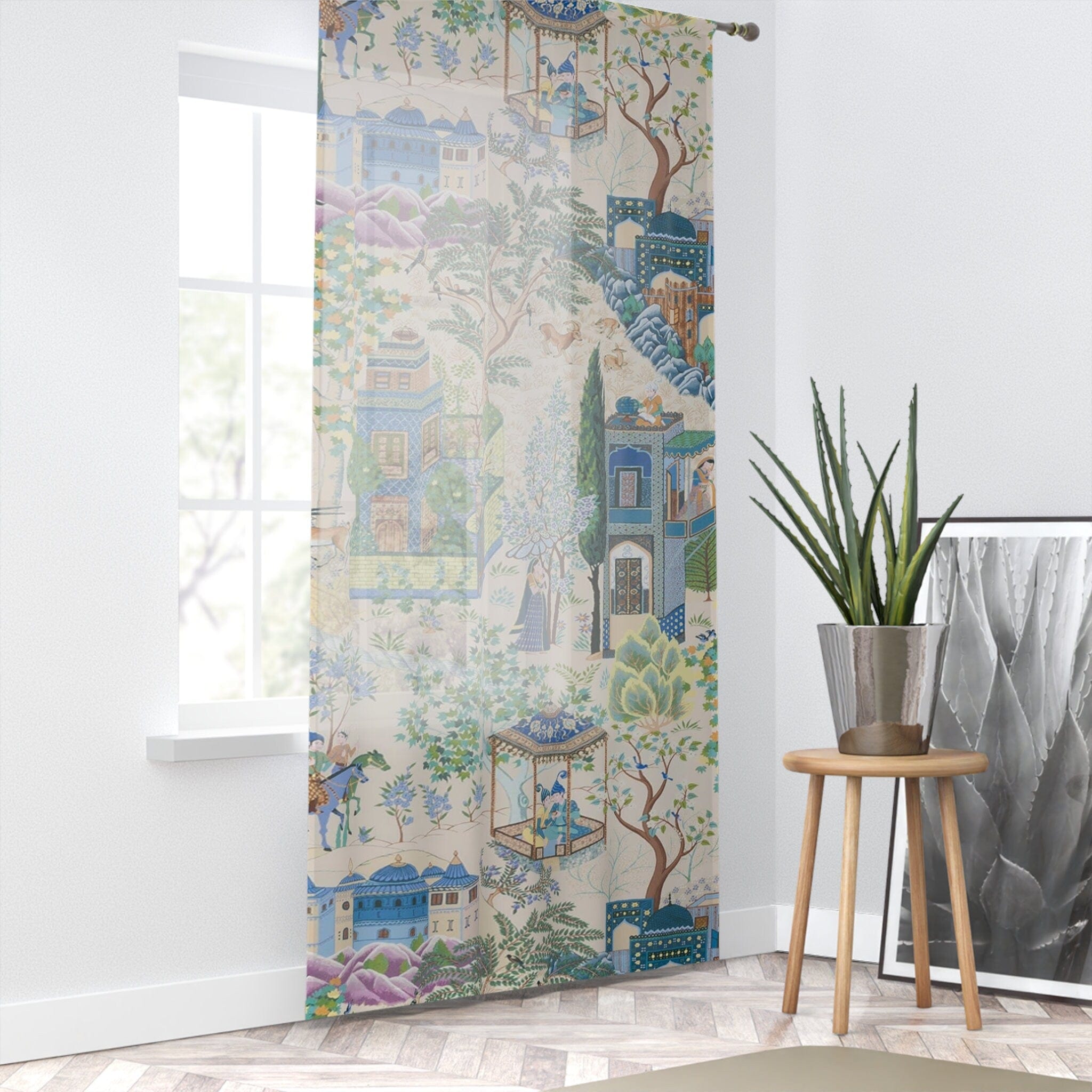 Kate McEnroe New York Vintage French Toile De Jouy Window Curtains, Blue, Green Floral Print, Traditional Asian Country Scene, Rustic Chic Window CoveringsWindow CurtainsW3D - FRE2 - CHI2 - SH2