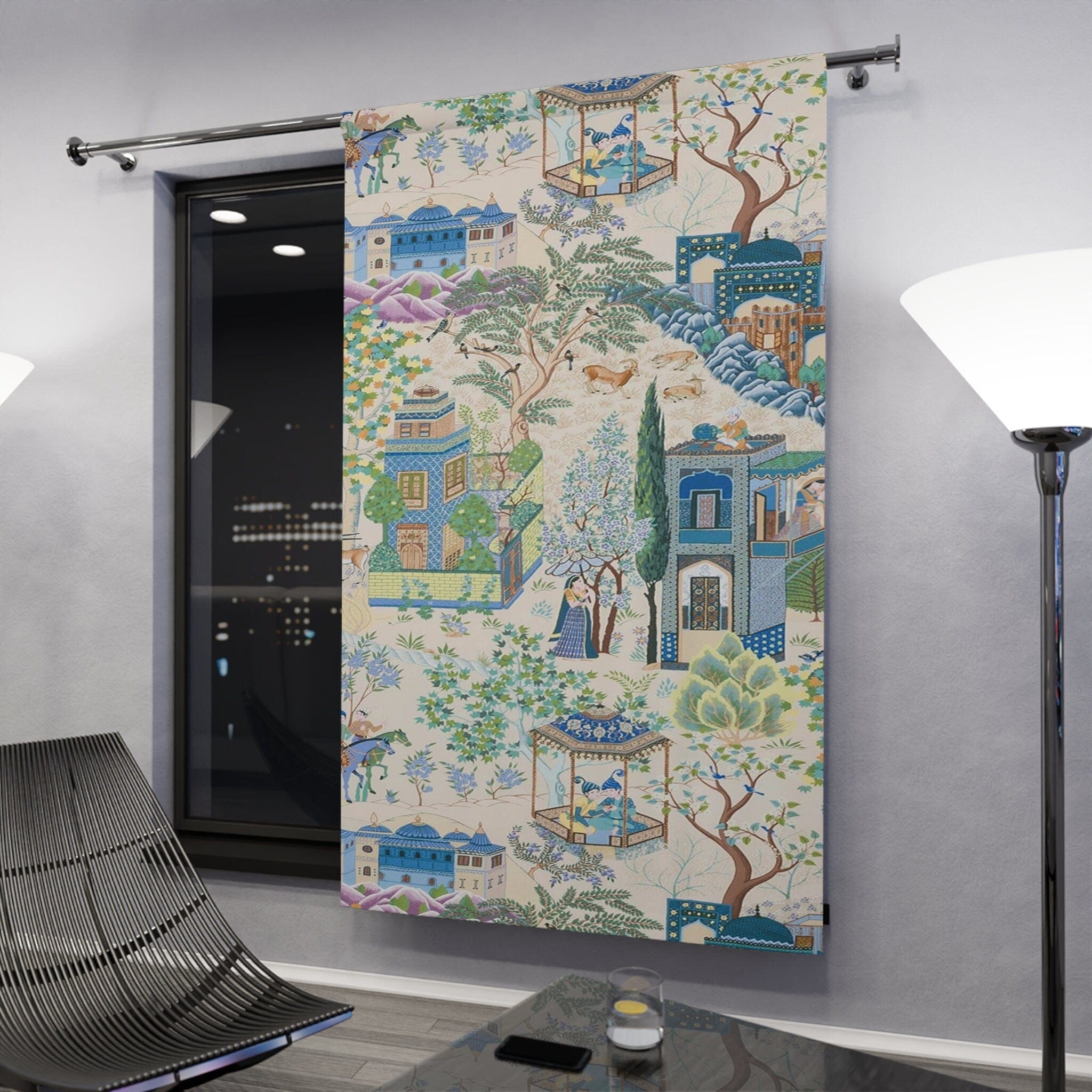Kate McEnroe New York Vintage French Toile De Jouy Window Curtains, Blue, Green Floral Print, Traditional Asian Country Scene, Rustic Chic Window CoveringsWindow CurtainsW3D - FRE2 - CHI2 - SH2