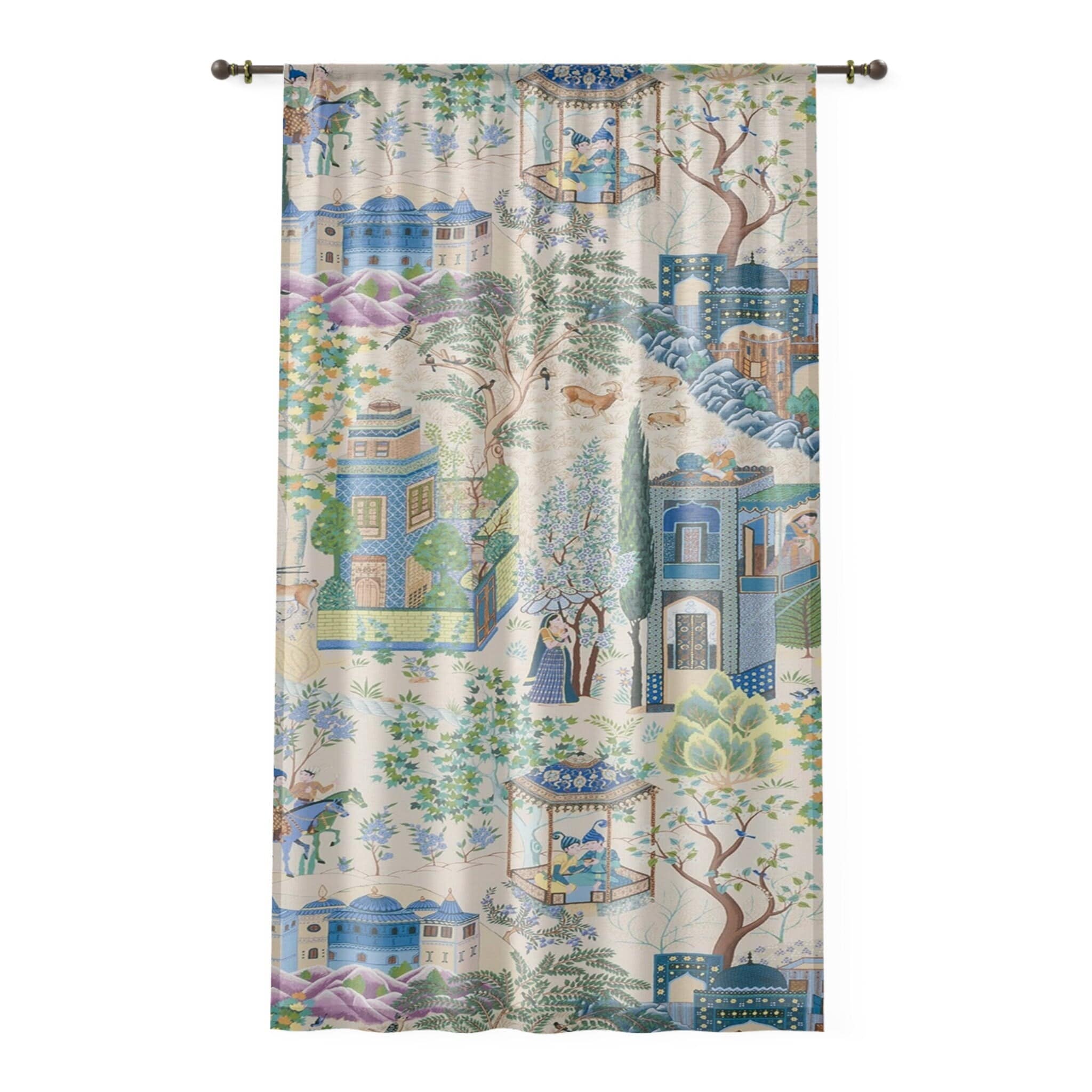 Kate McEnroe New York Vintage French Toile De Jouy Window Curtains, Blue, Green Floral Print, Traditional Asian Country Scene, Rustic Chic Window CoveringsWindow CurtainsW3D - FRE2 - CHI2 - SH2