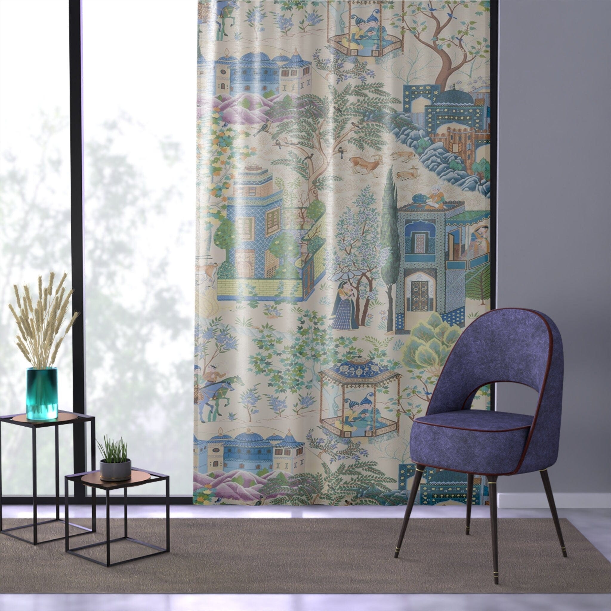 Kate McEnroe New York Vintage French Toile De Jouy Window Curtains, Blue, Green Floral Print, Traditional Asian Country Scene, Rustic Chic Window CoveringsWindow CurtainsW3D - FRE2 - CHI2 - SH2