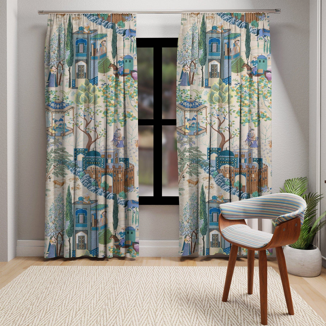 Vintage French Toile De Jouy Window Curtains with Traditional Asian Country Scene, Rustic Chic Blue, Green Floral Print Window Coverings