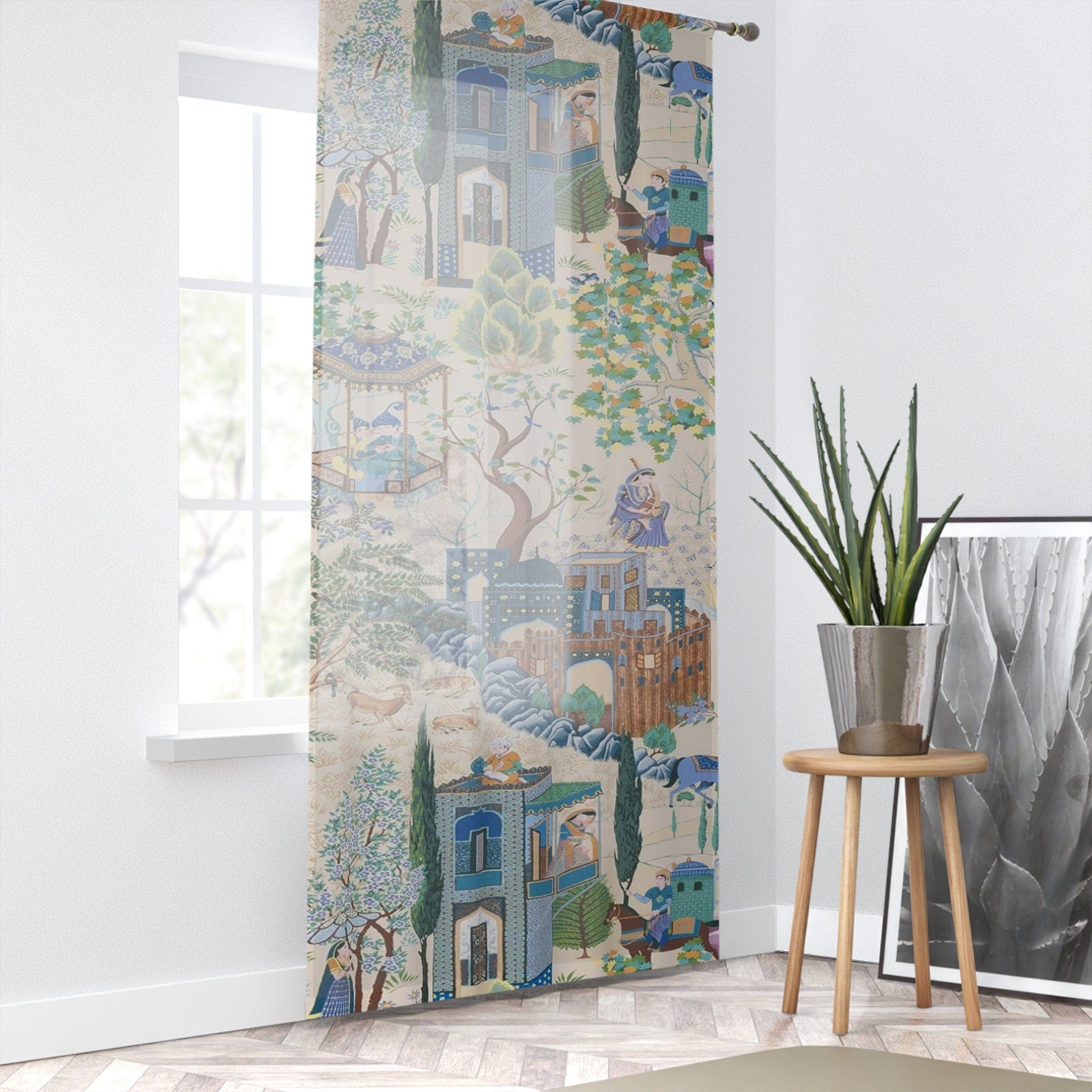 Kate McEnroe New York Vintage French Toile De Jouy Window Curtains with Traditional Asian Country Scene, Rustic Chic Blue, Green Floral Print Window CoveringsWindow CurtainsW3D - FRE - CHI - SH2