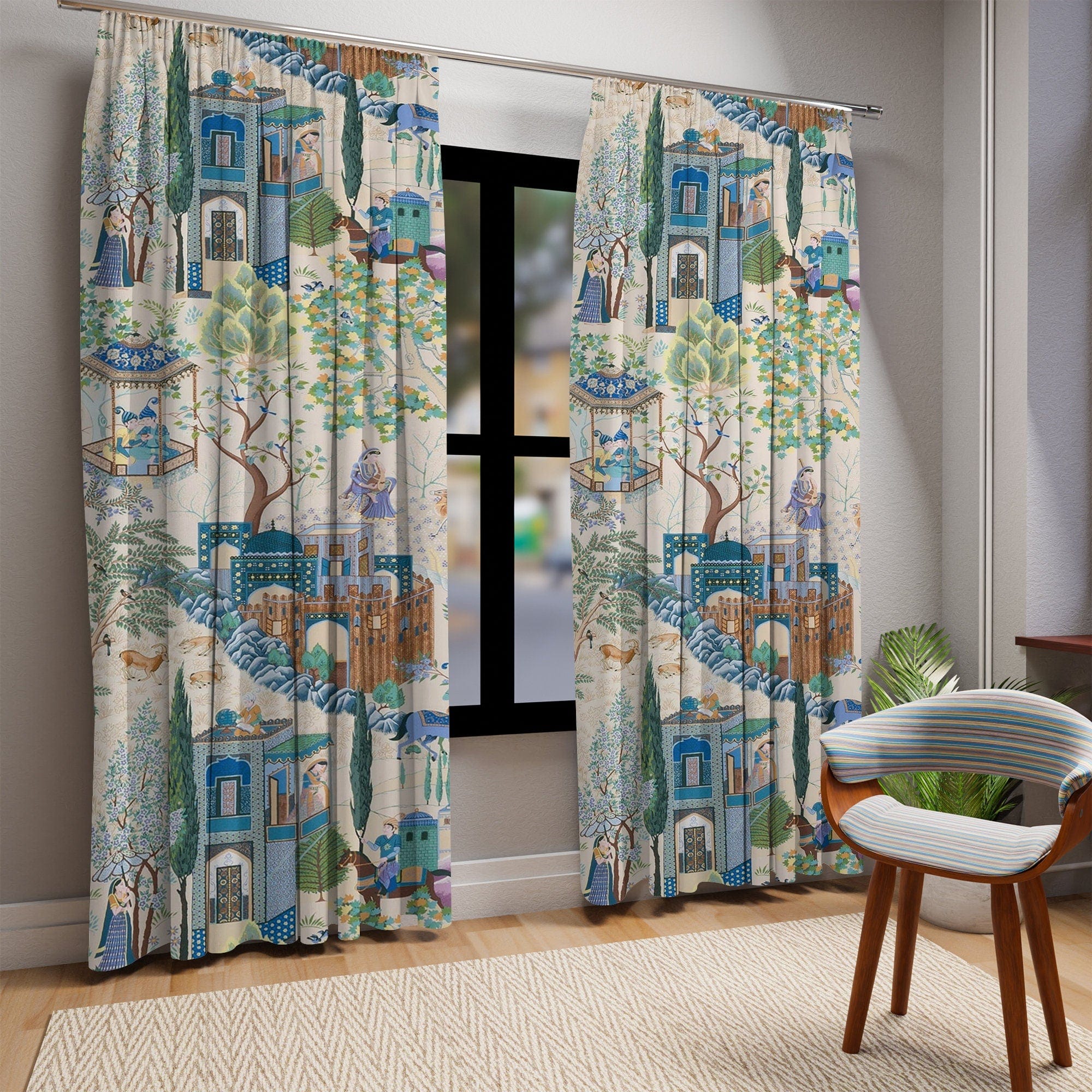 Kate McEnroe New York Vintage French Toile De Jouy Window Curtains with Traditional Asian Country Scene, Rustic Chic Blue, Green Floral Print Window CoveringsWindow CurtainsW3D - FRE - CHI - SH2