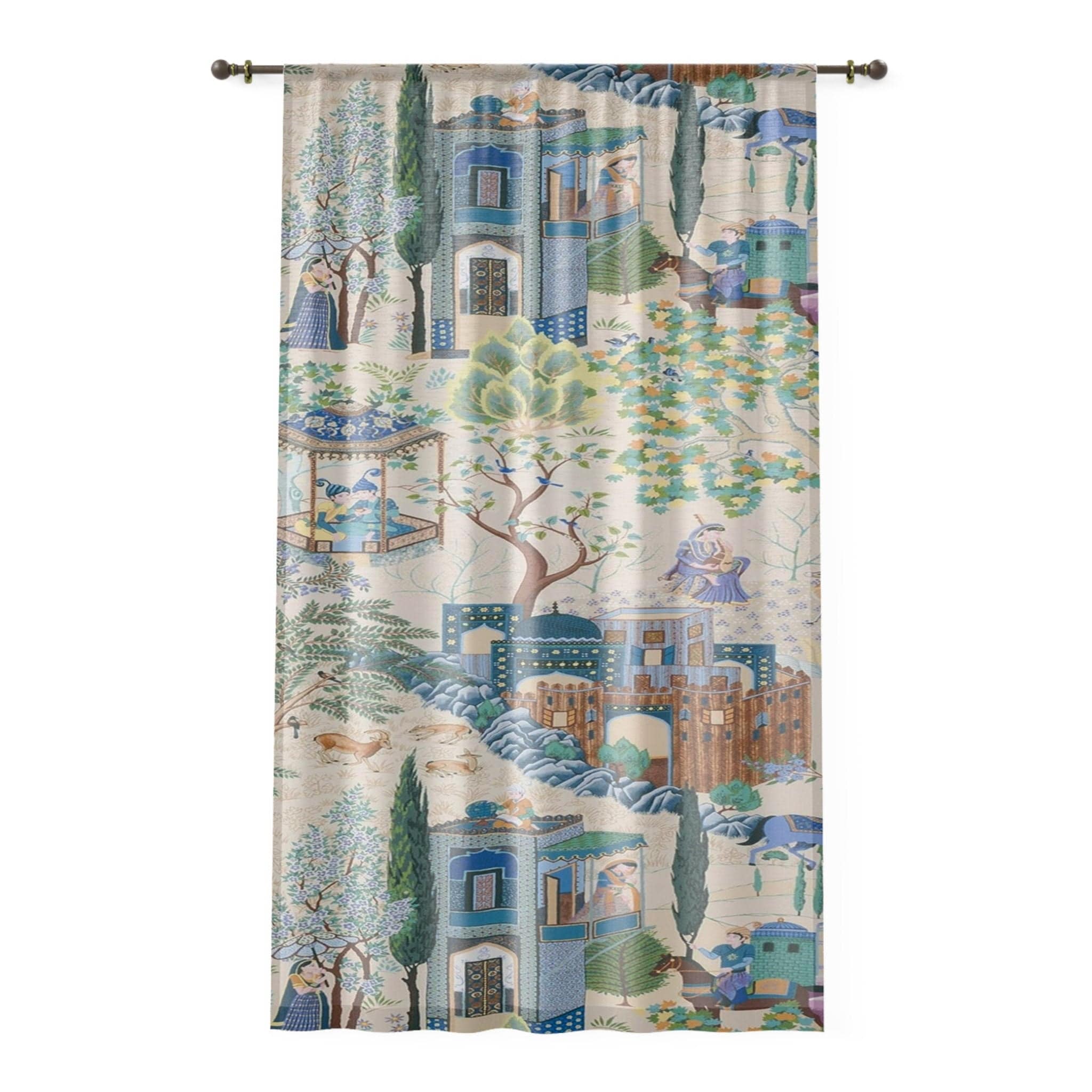 Kate McEnroe New York Vintage French Toile De Jouy Window Curtains with Traditional Asian Country Scene, Rustic Chic Blue, Green Floral Print Window CoveringsWindow CurtainsW3D - FRE - CHI - SH2