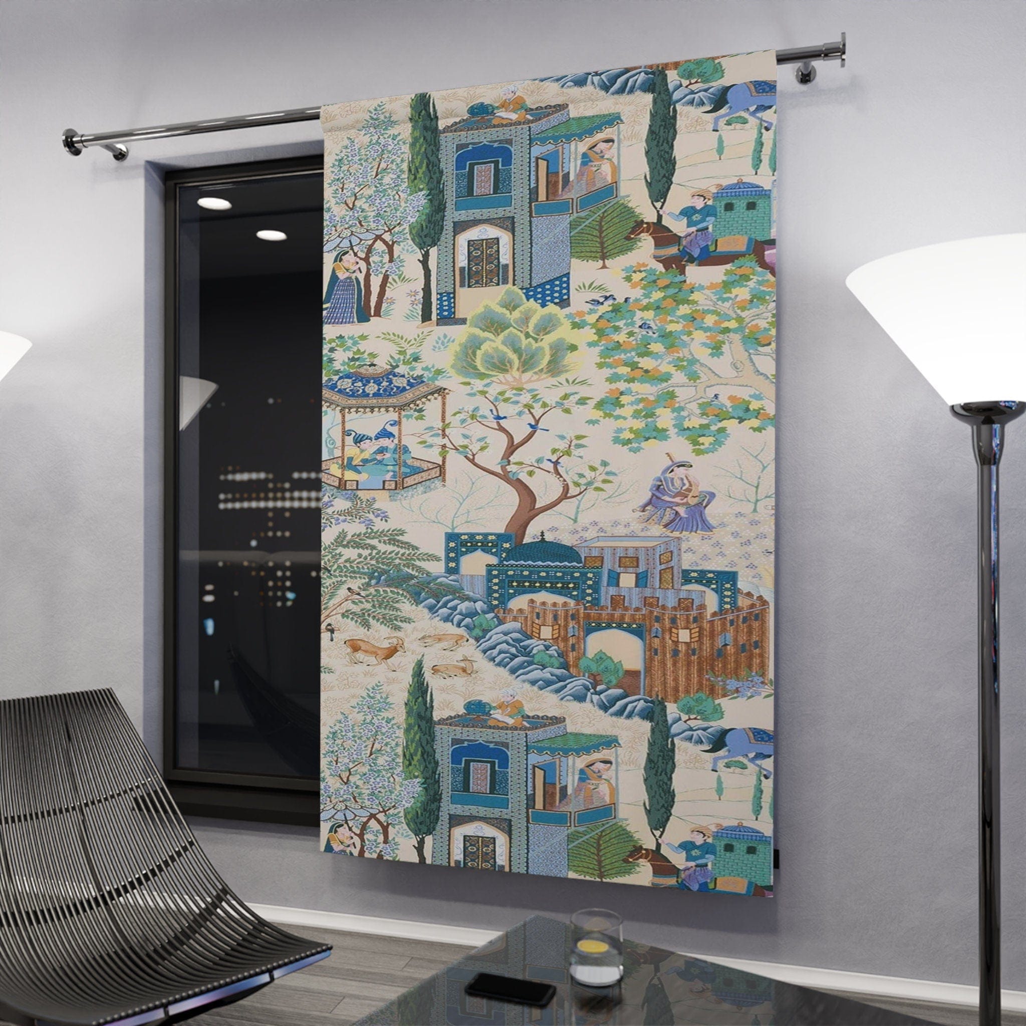 Kate McEnroe New York Vintage French Toile De Jouy Window Curtains with Traditional Asian Country Scene, Rustic Chic Blue, Green Floral Print Window CoveringsWindow CurtainsW3D - FRE - CHI - SH2