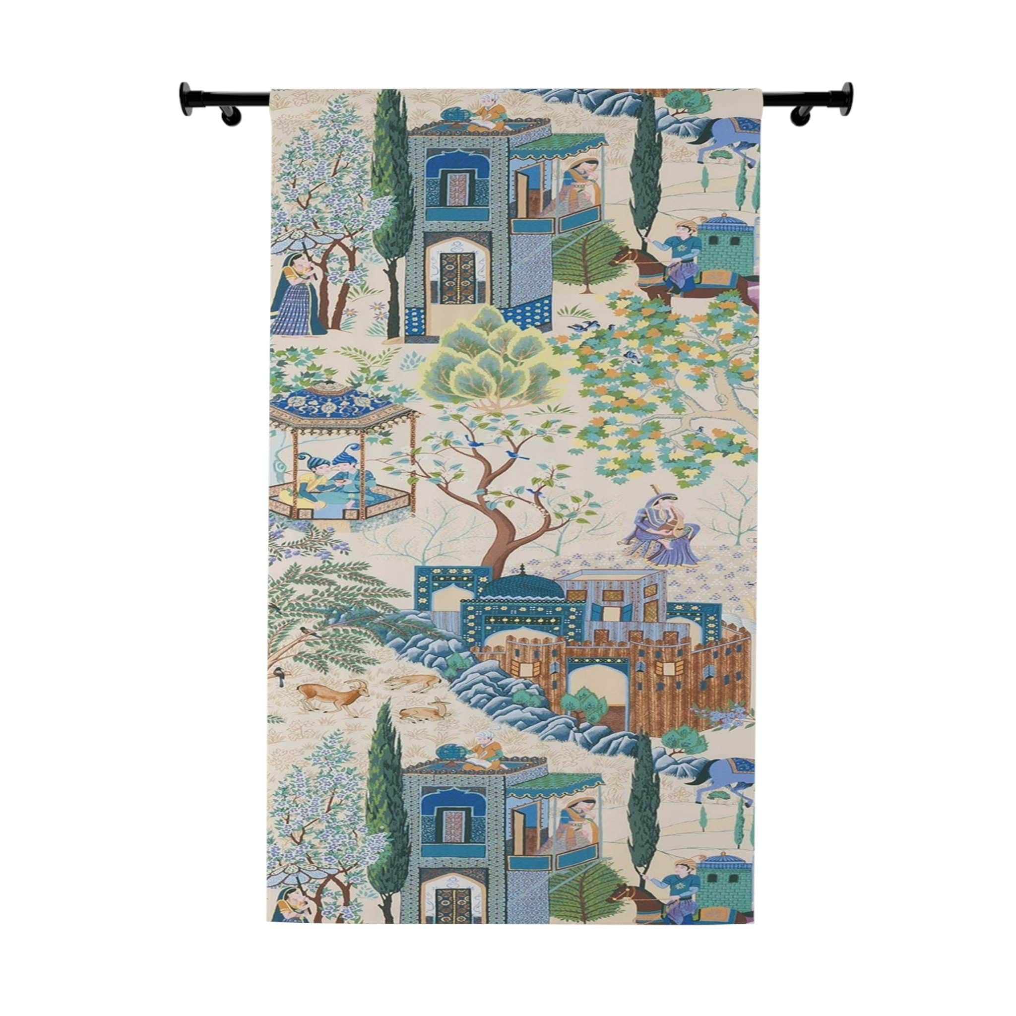 Kate McEnroe New York Vintage French Toile De Jouy Window Curtains with Traditional Asian Country Scene, Rustic Chic Blue, Green Floral Print Window CoveringsWindow CurtainsW3D - FRE - CHI - SH2